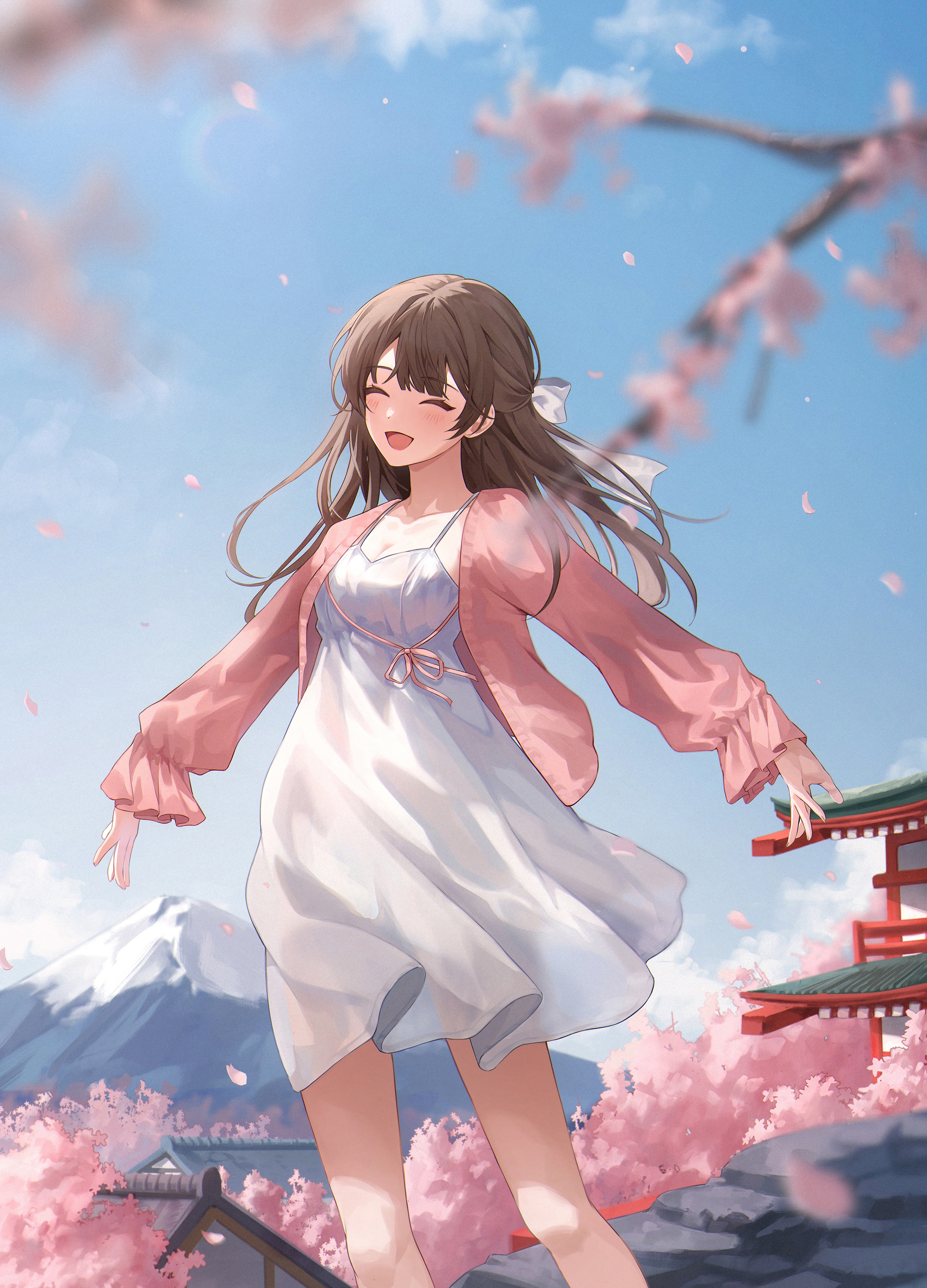 Girl in a white dress with Mount Fuji and cherry blossoms HD Phone Wallpaper