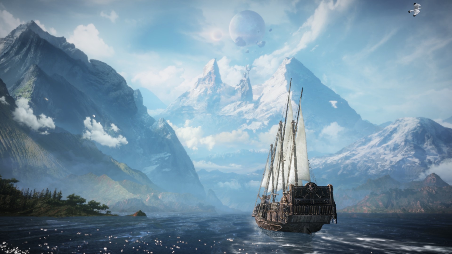 Lost Ark ship sailing past snowy mountains HD Wallpaper