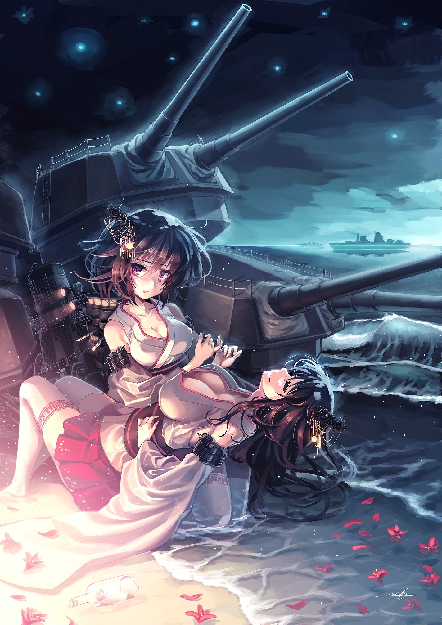 Kantai Collection Yamashiro and Fusou on a Battleship HD Phone Wallpaper
