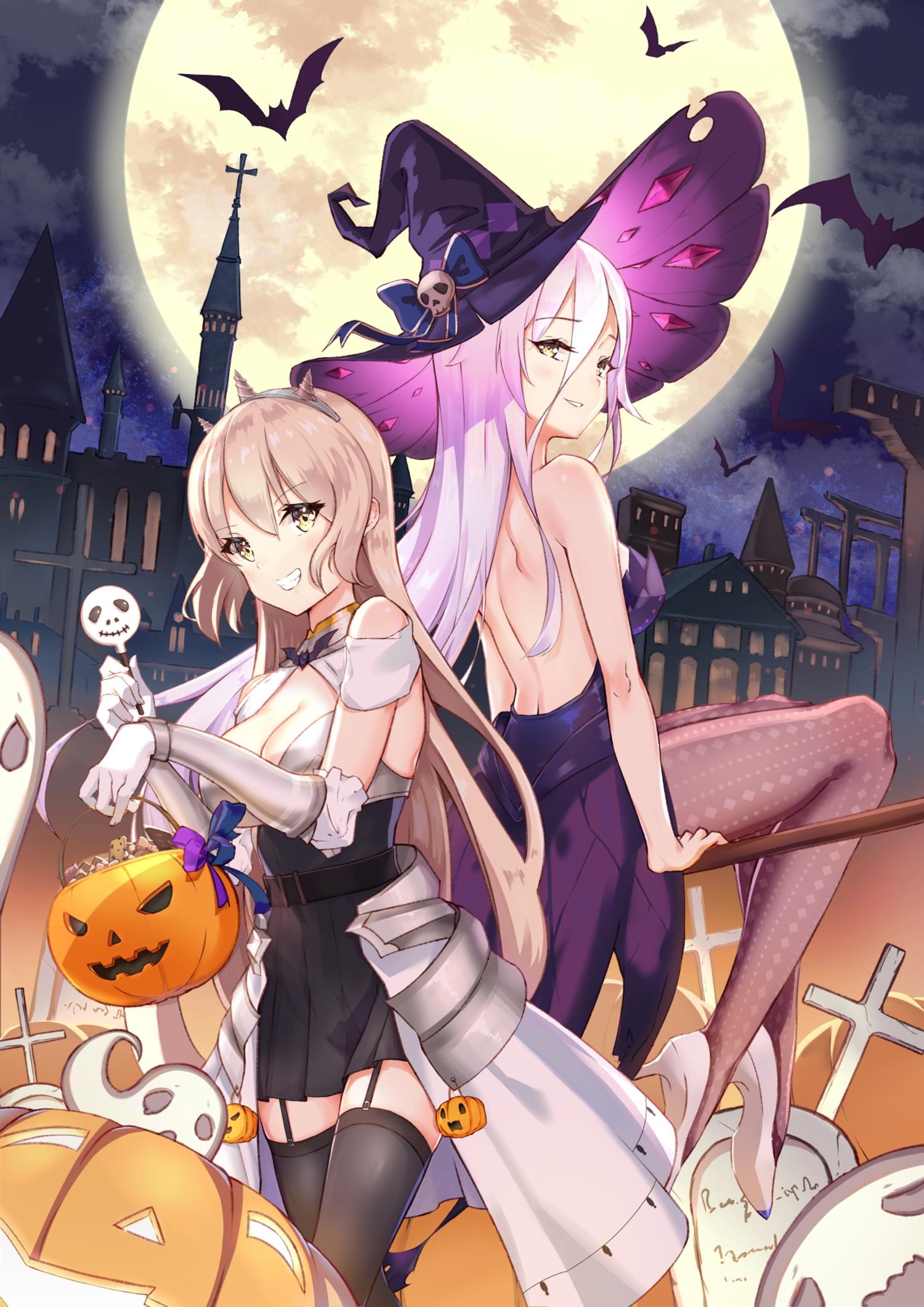 Illusion Connect Halloween witches with bats and moon HD Phone Wallpaper