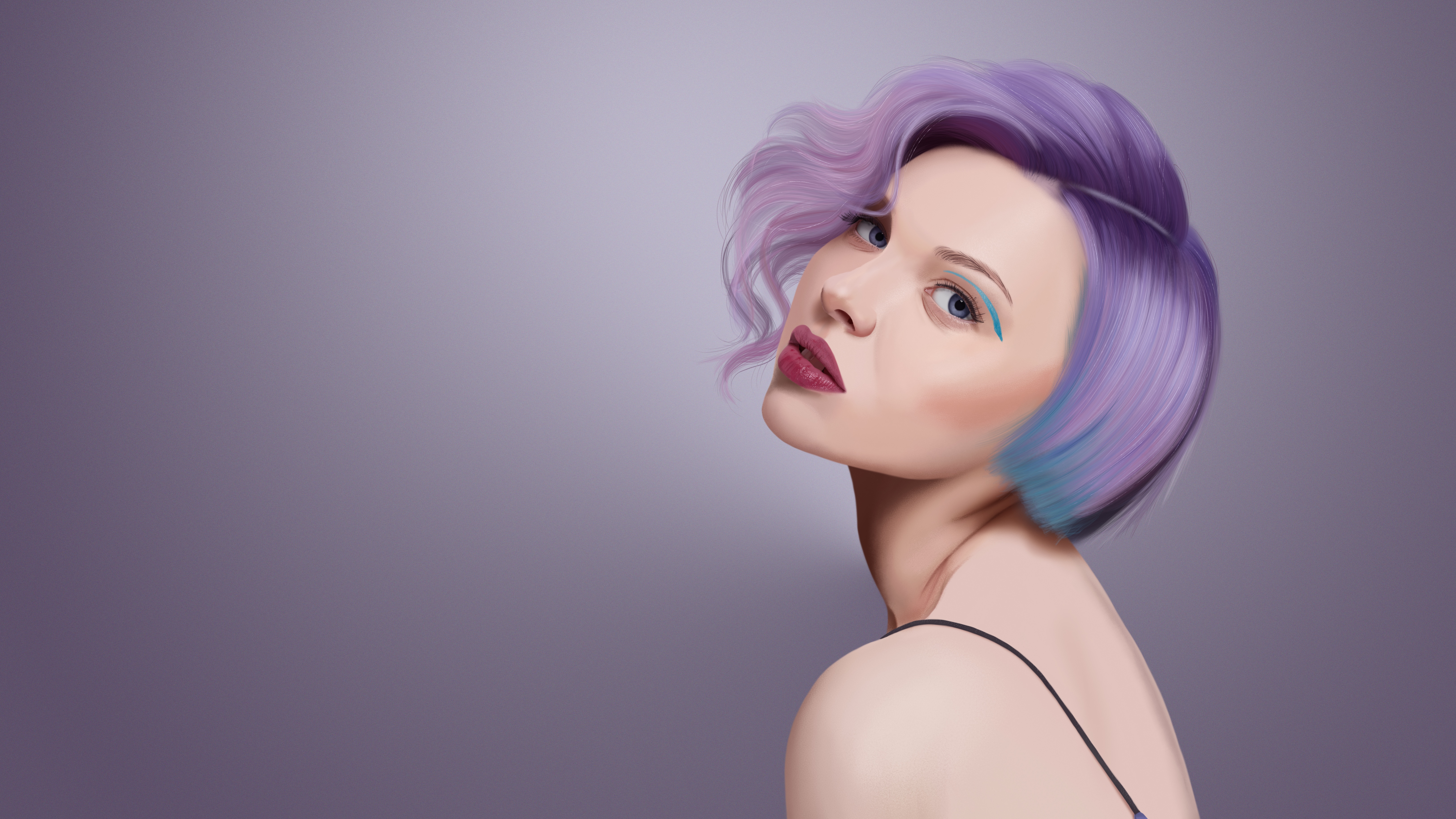 4K drawing of a woman with purple hair HD Wallpaper