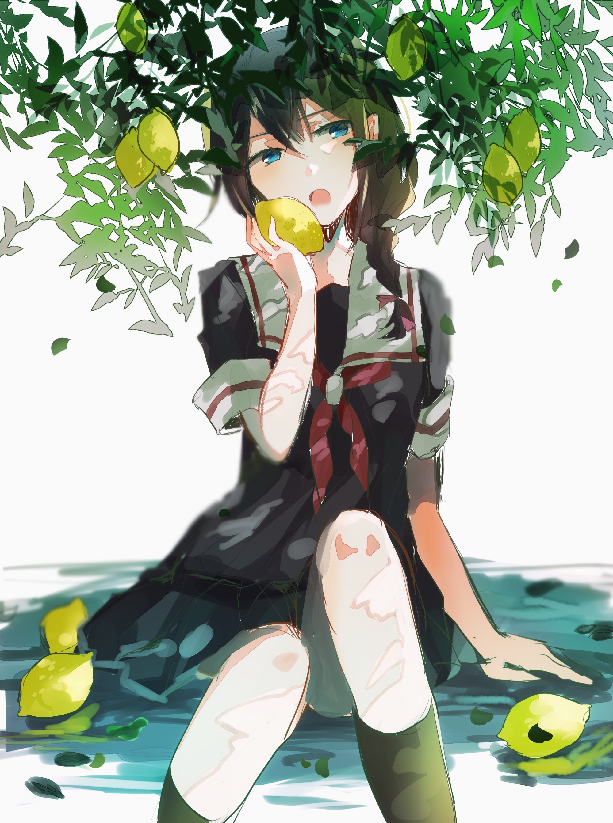 Kantai Collection Shigure eating a lemon under a tree HD Phone Wallpaper