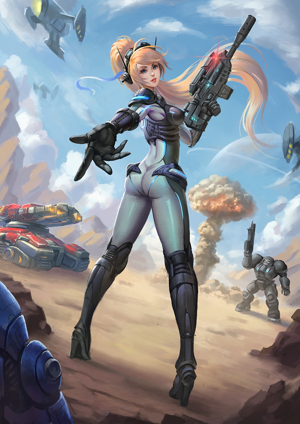 Nova from StarCraft with a sniper rifle in a desert landscape HD Phone Wallpaper