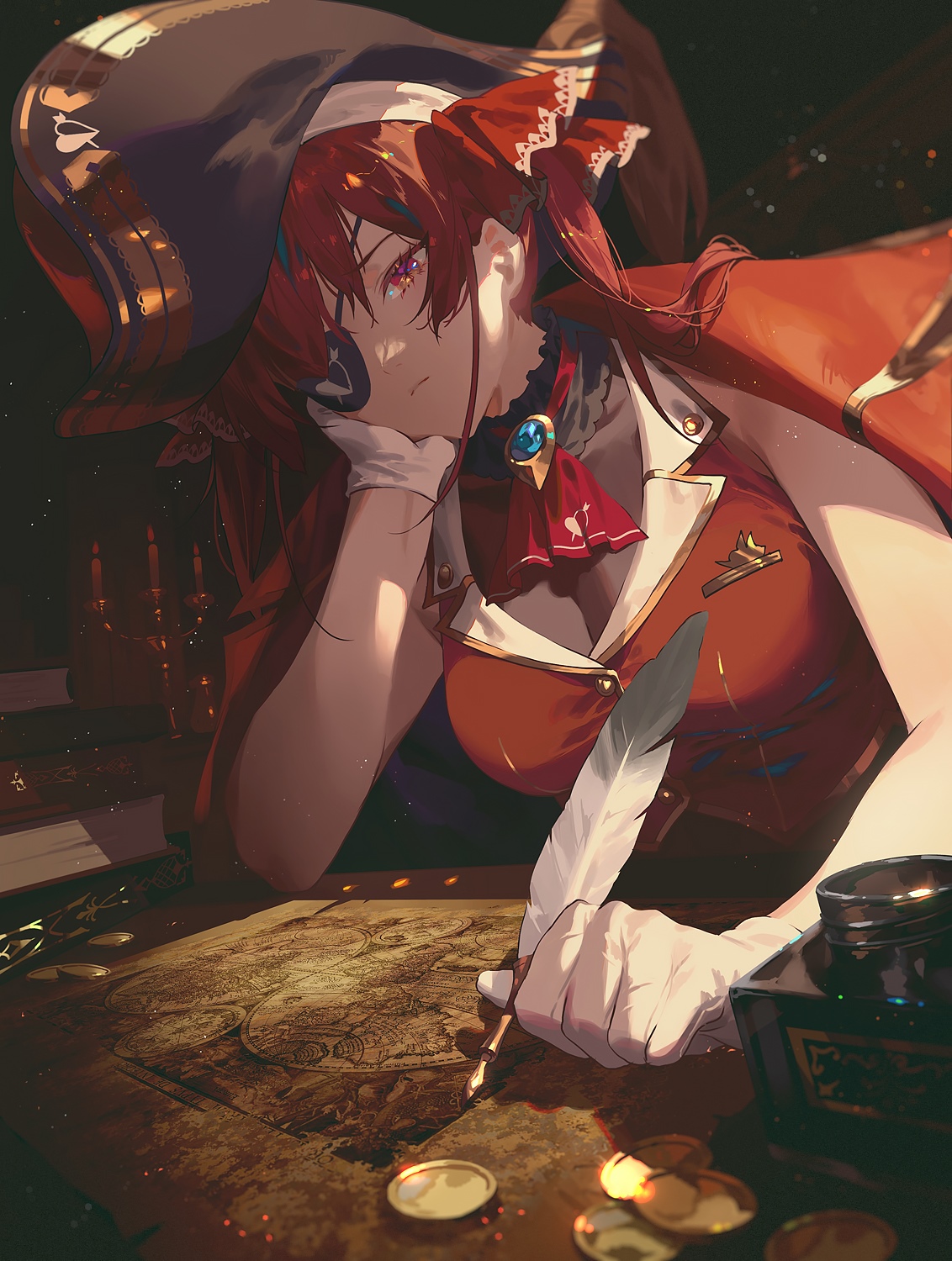 Houshou Marine writing on a map with a quill HD Phone Wallpaper
