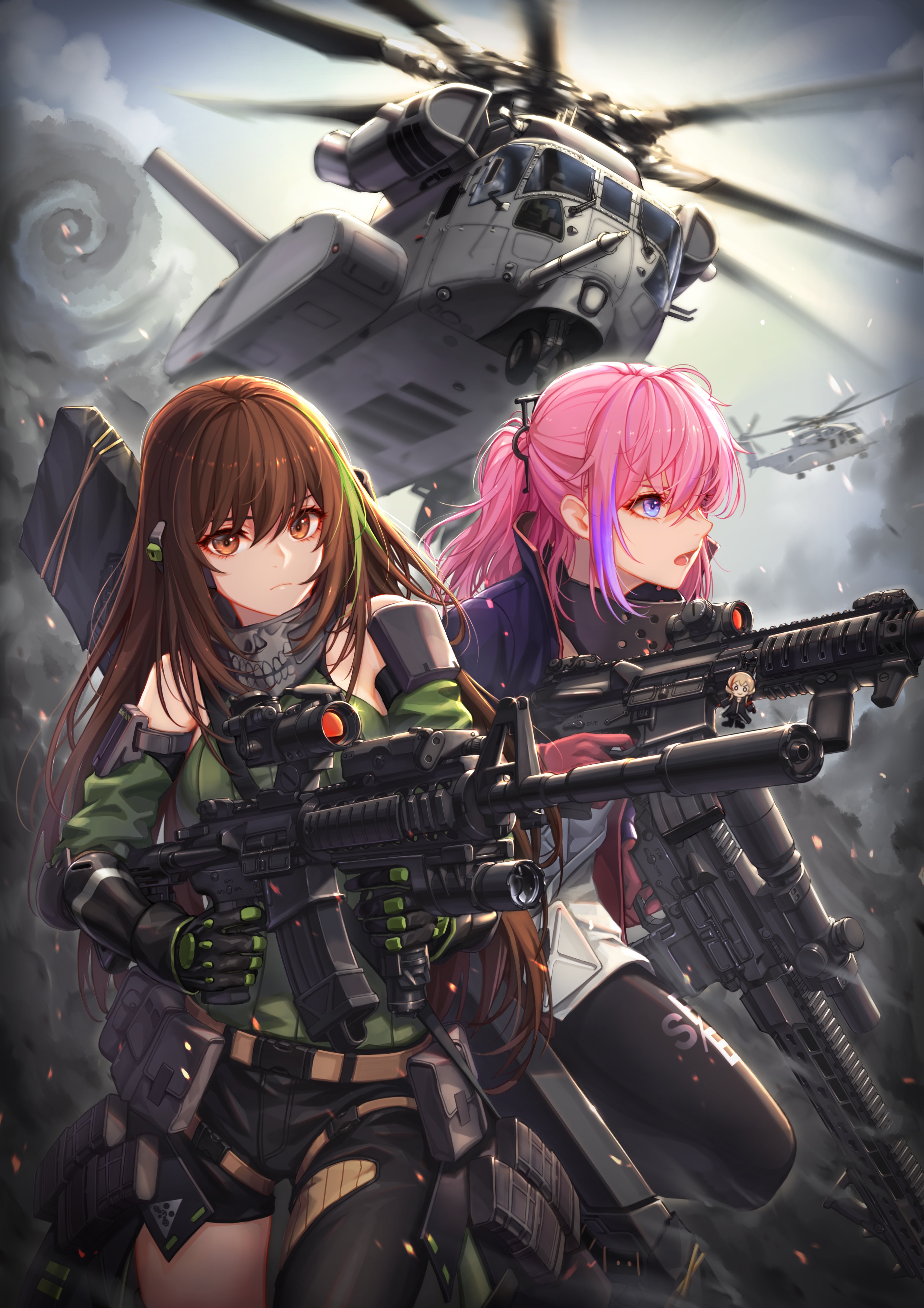 Girls Frontline: M4A1 and ST AR-15 with Helicopters HD Phone Wallpaper