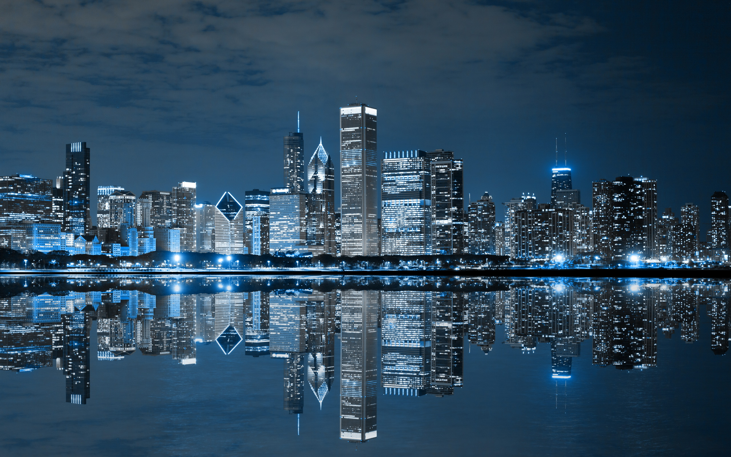 Chicago skyline at night with reflections in the water HD Wallpaper