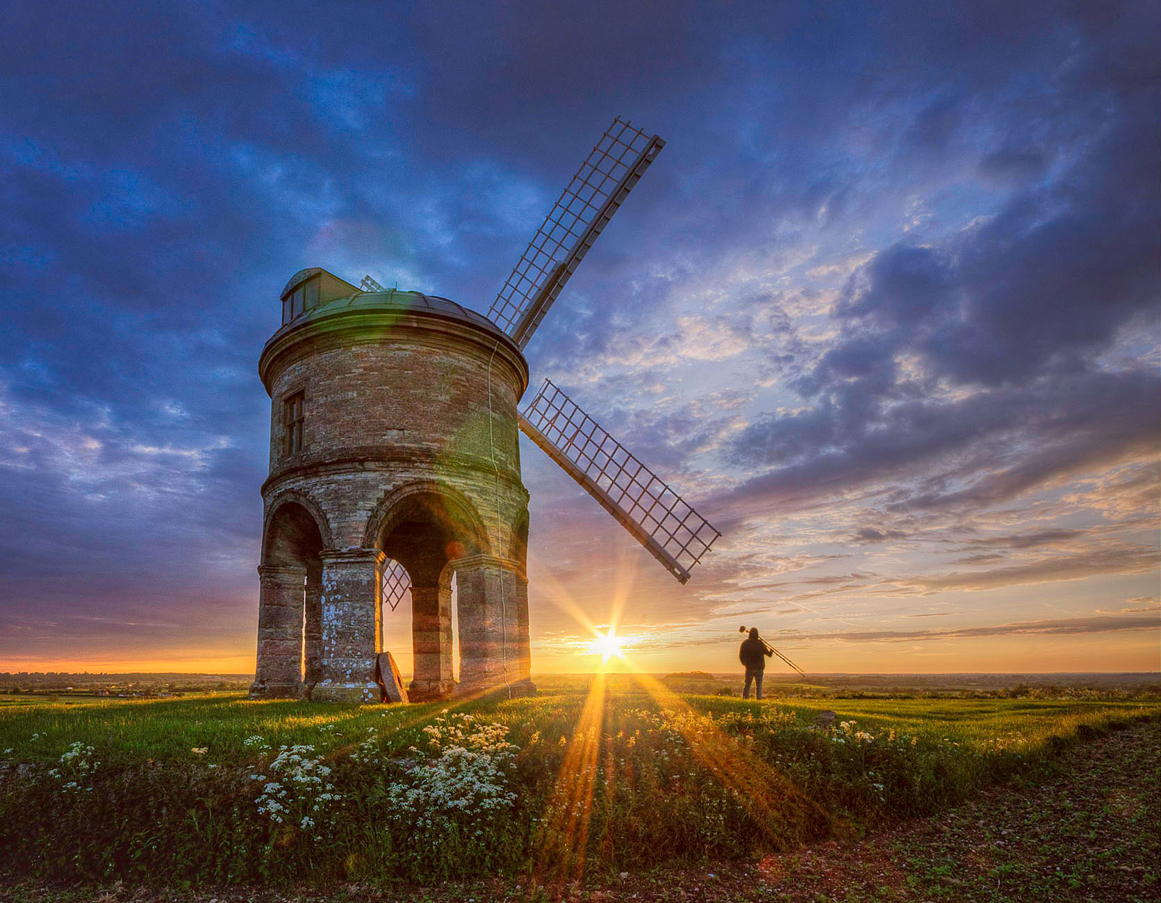 Windmill at sunset with a photographer HD Wallpaper