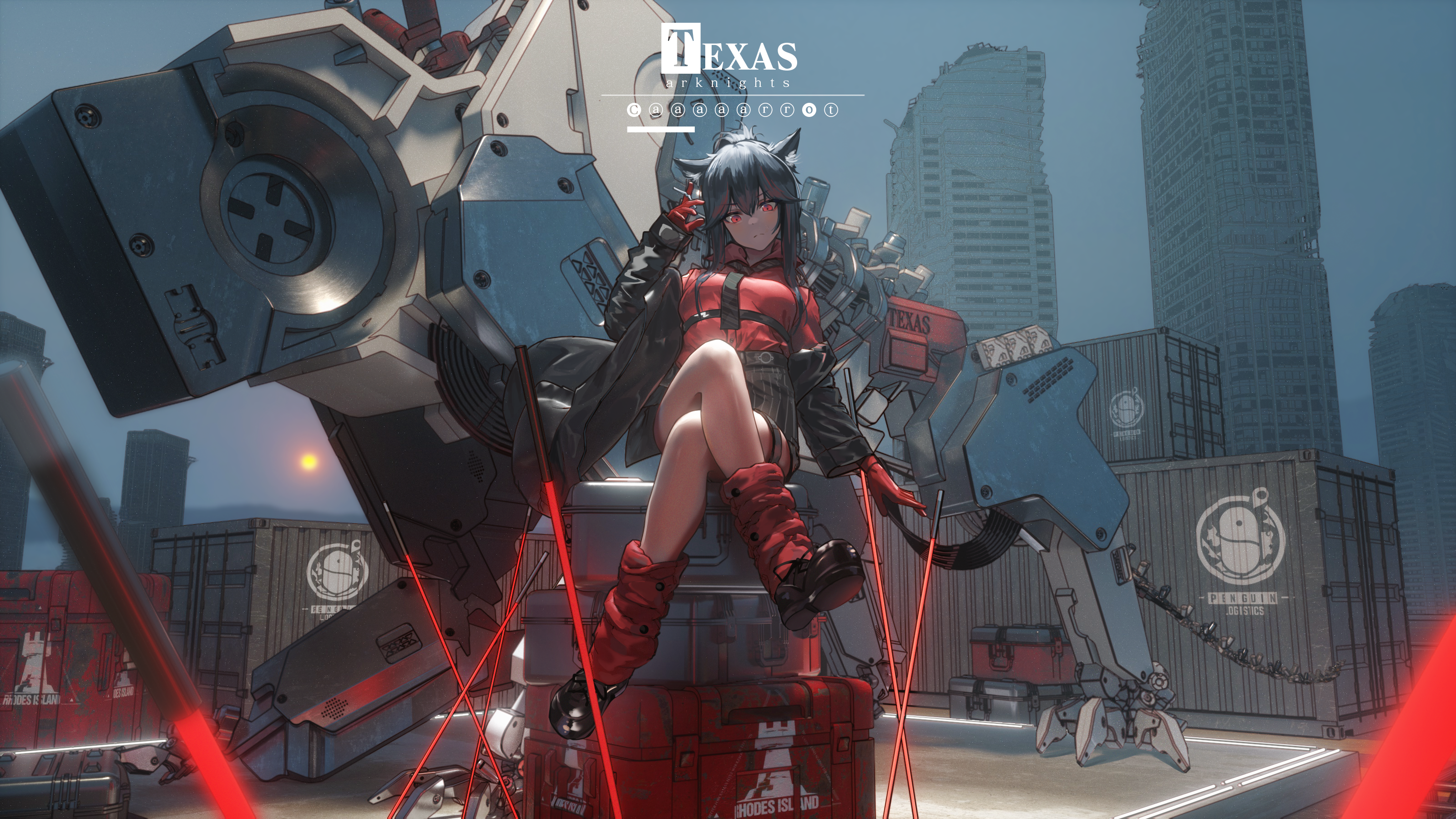 Texas from Arknights sitting on crates with a mech HD Wallpaper