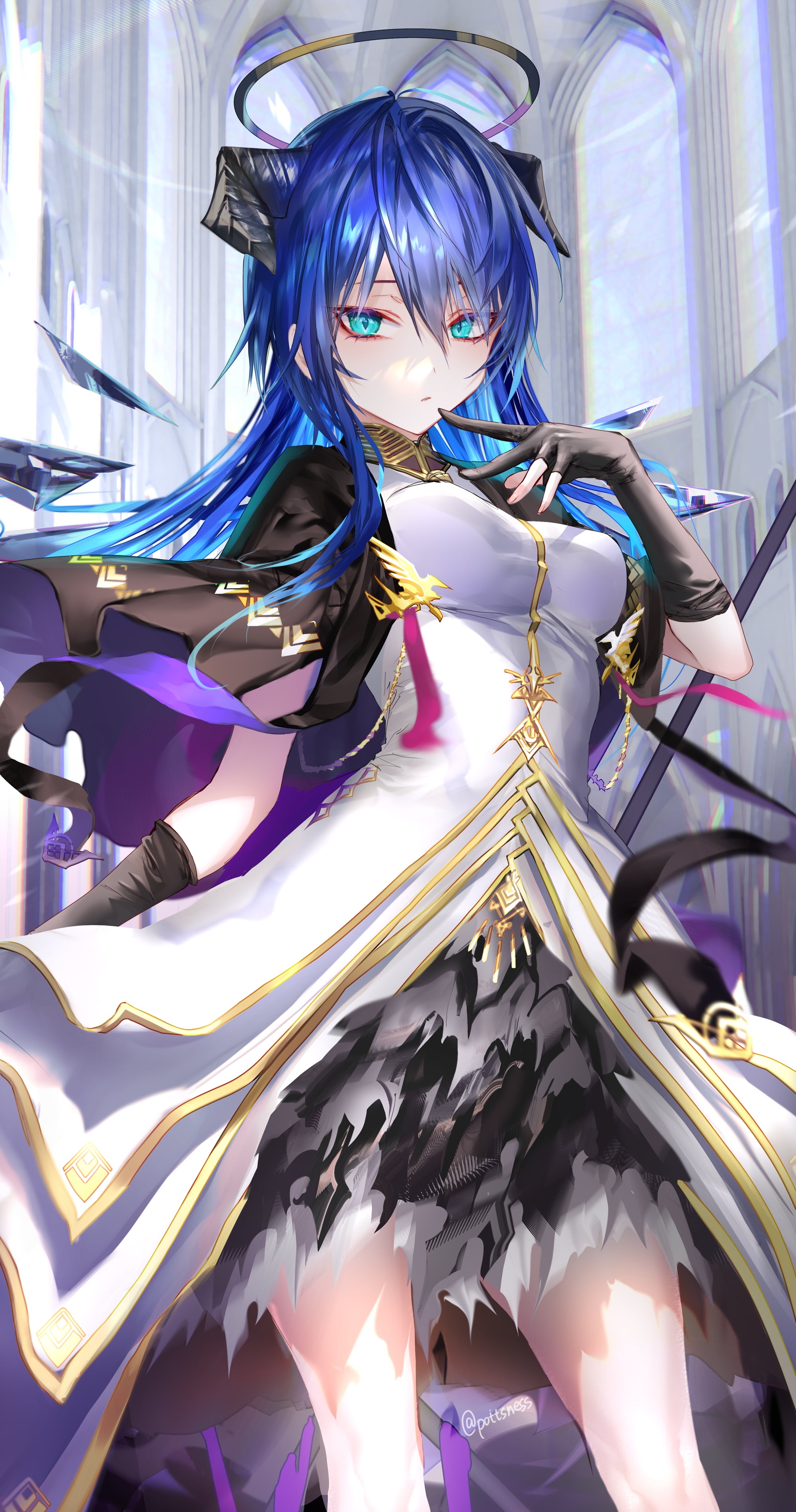 Mostima from Arknights with blue hair and horns HD Phone Wallpaper