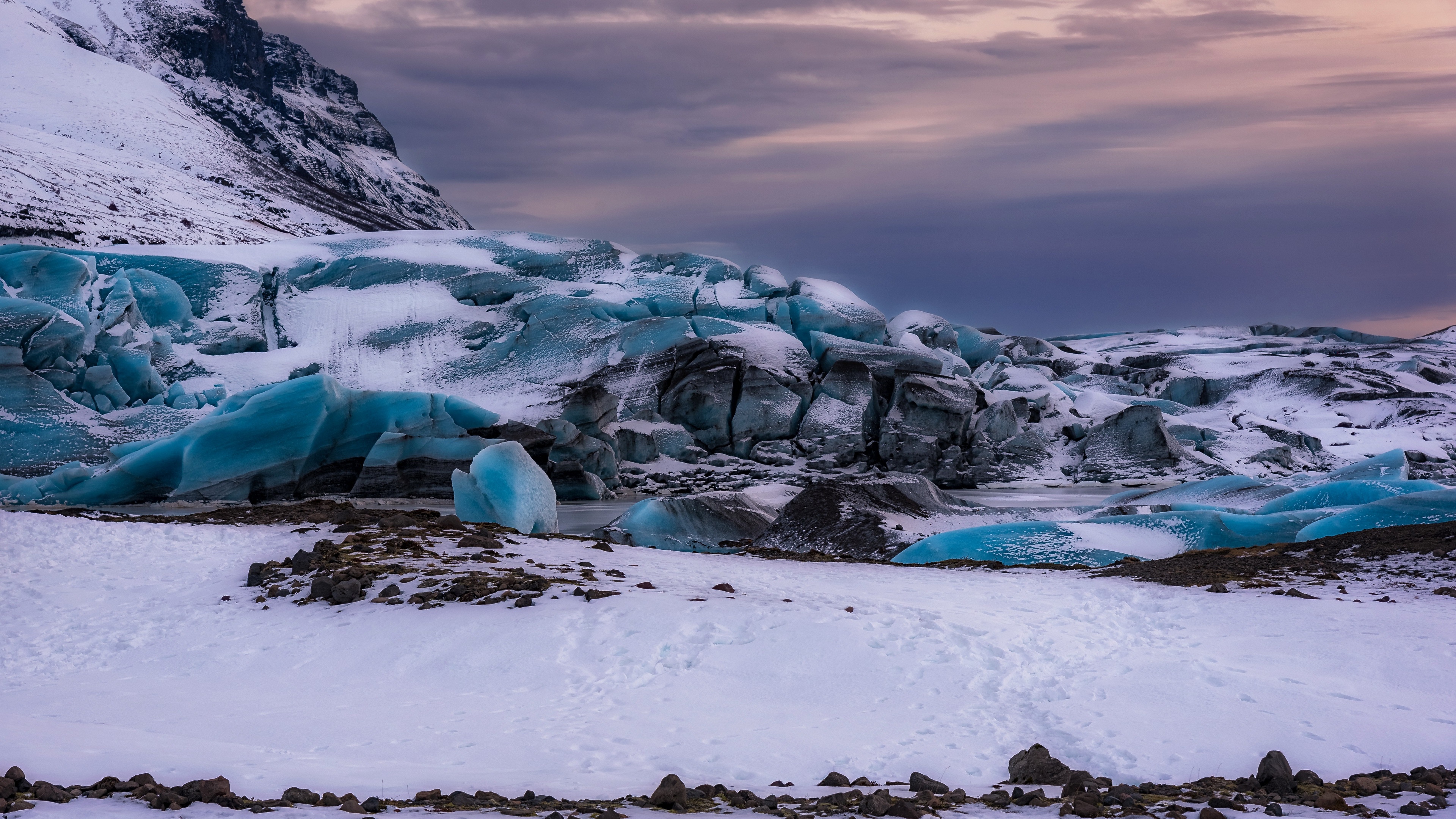 Glacier landscape with blue ice and snowy mountain HD Wallpaper