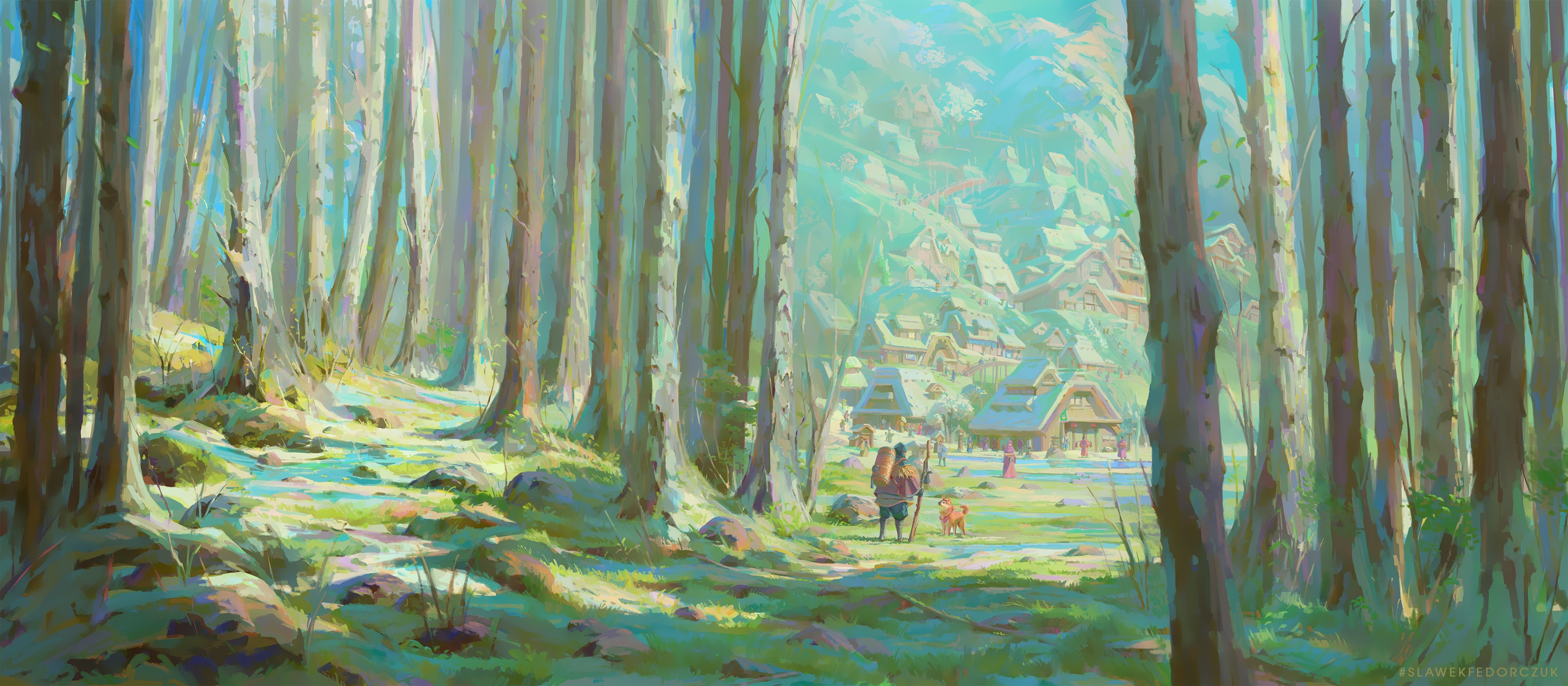 Concept art of a village in a forest HD Wallpaper