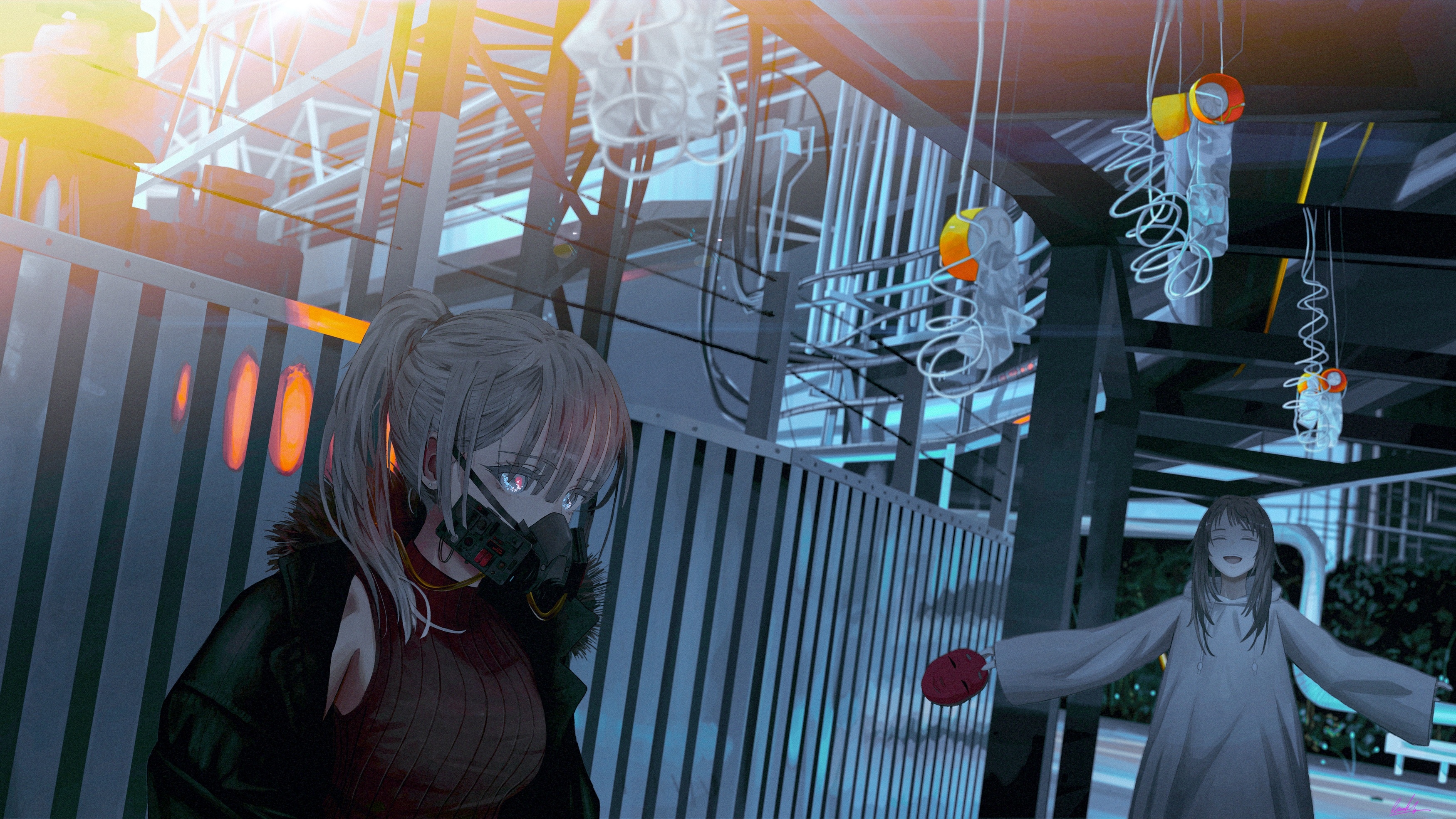 Anime girl with gas mask and smiling girl HD Wallpaper