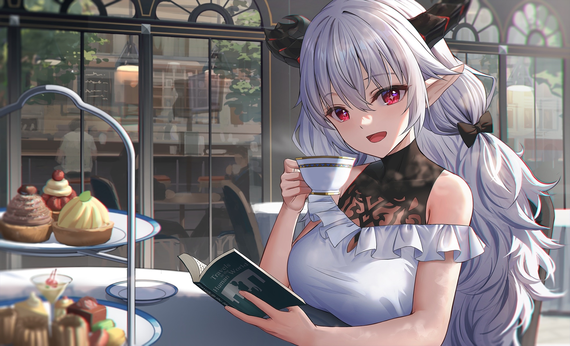 Anime girl with silver hair drinking tea and reading HD Wallpaper