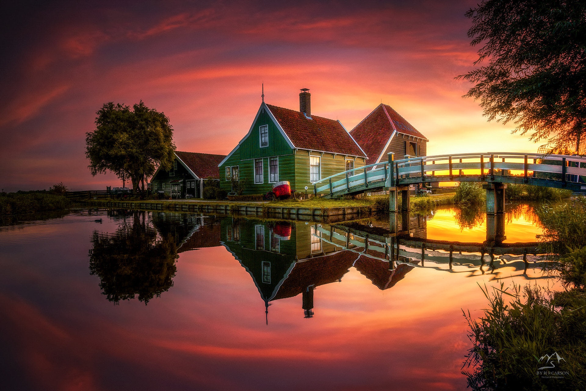 Dutch Cottages and Bridge at Sunset Reflection HD Wallpaper