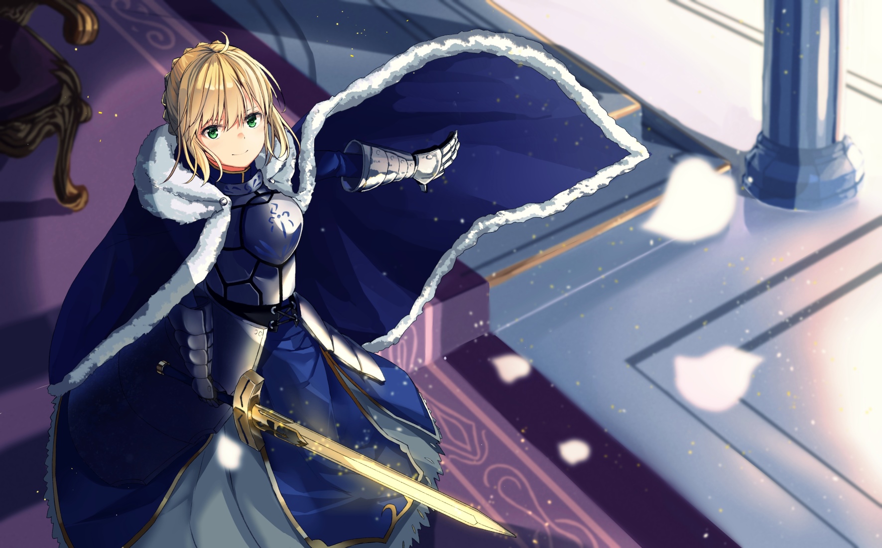 Saber Artoria Pendragon with Excalibur in Armor and Cape HD Wallpaper
