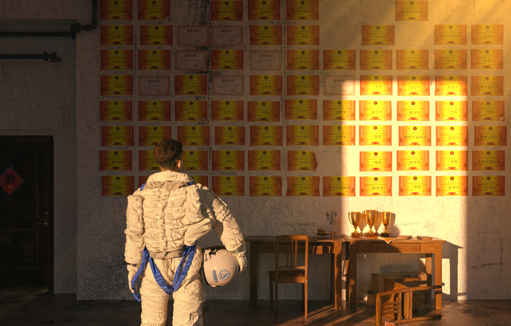 Astronaut looking at wall of awards HD Wallpaper