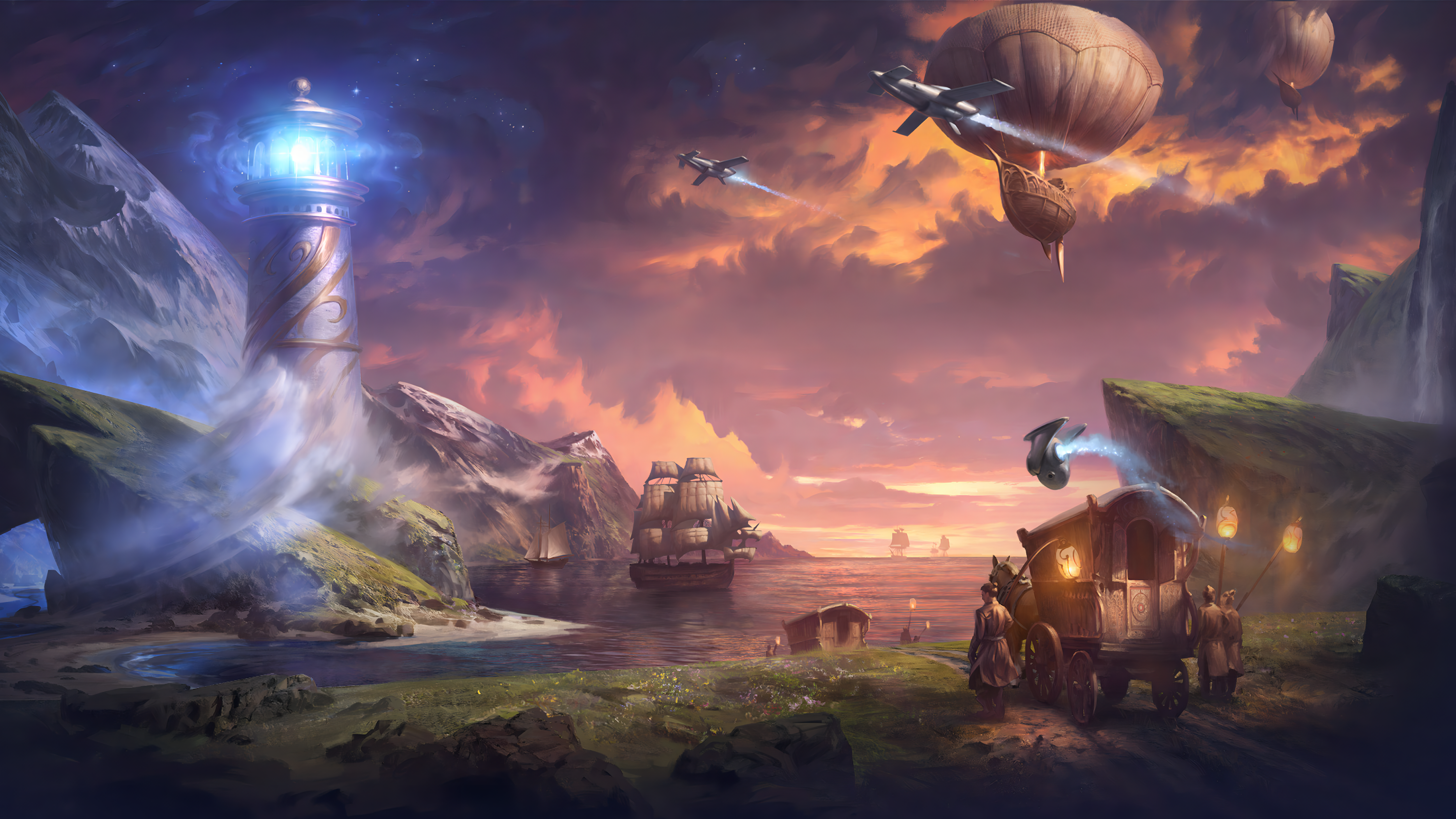 4K Lighthouse and Airships over the Sea HD Wallpaper