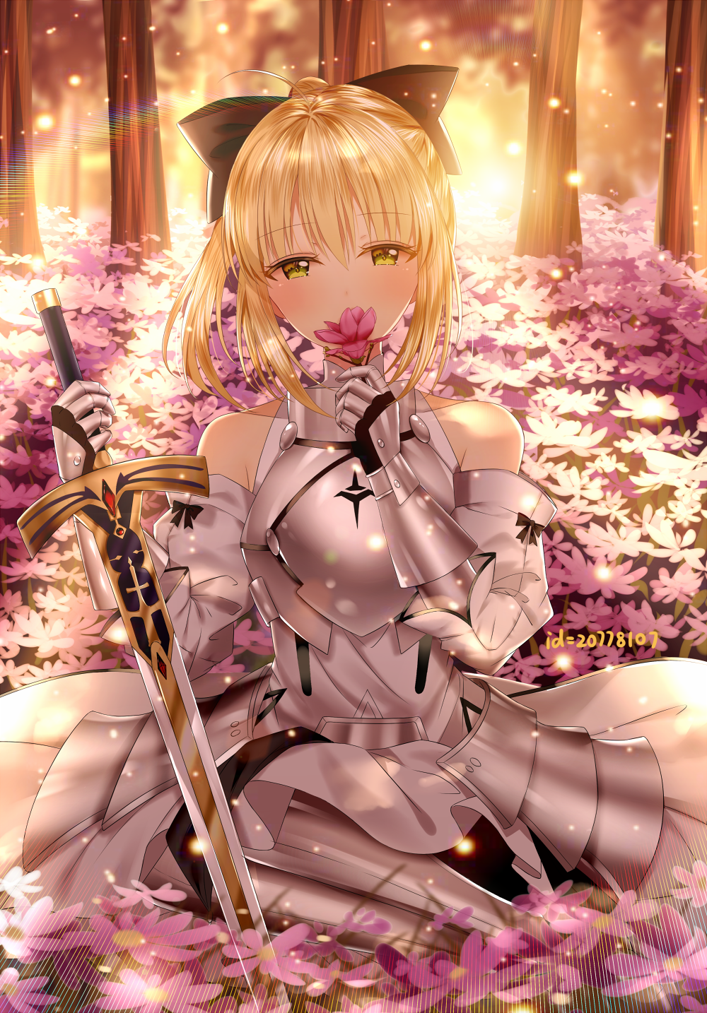 Saber Lily with Sword in a Field of Flowers HD Phone Wallpaper