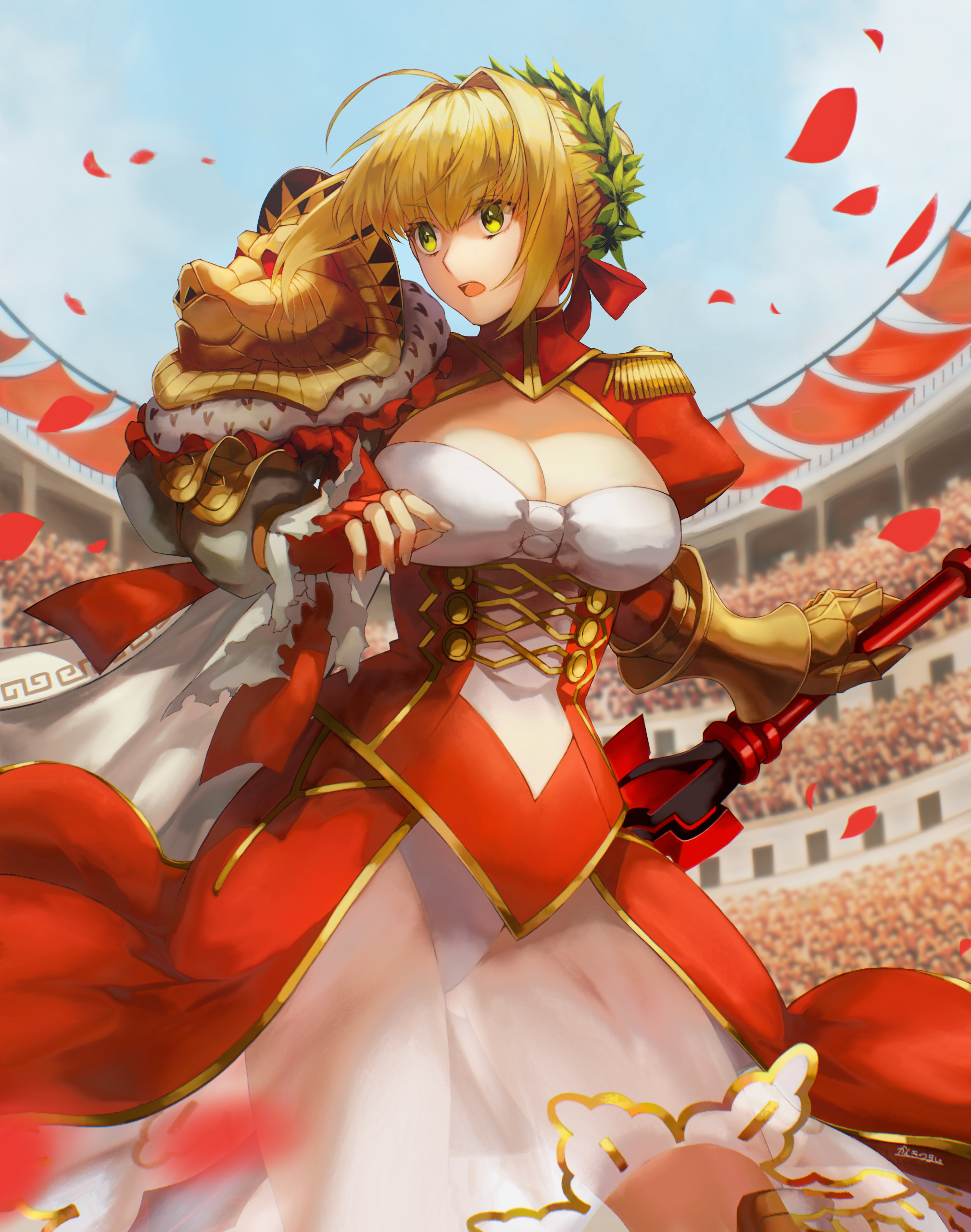 Nero Claudius in a Red and White Dress with a Lion Mask HD Phone Wallpaper