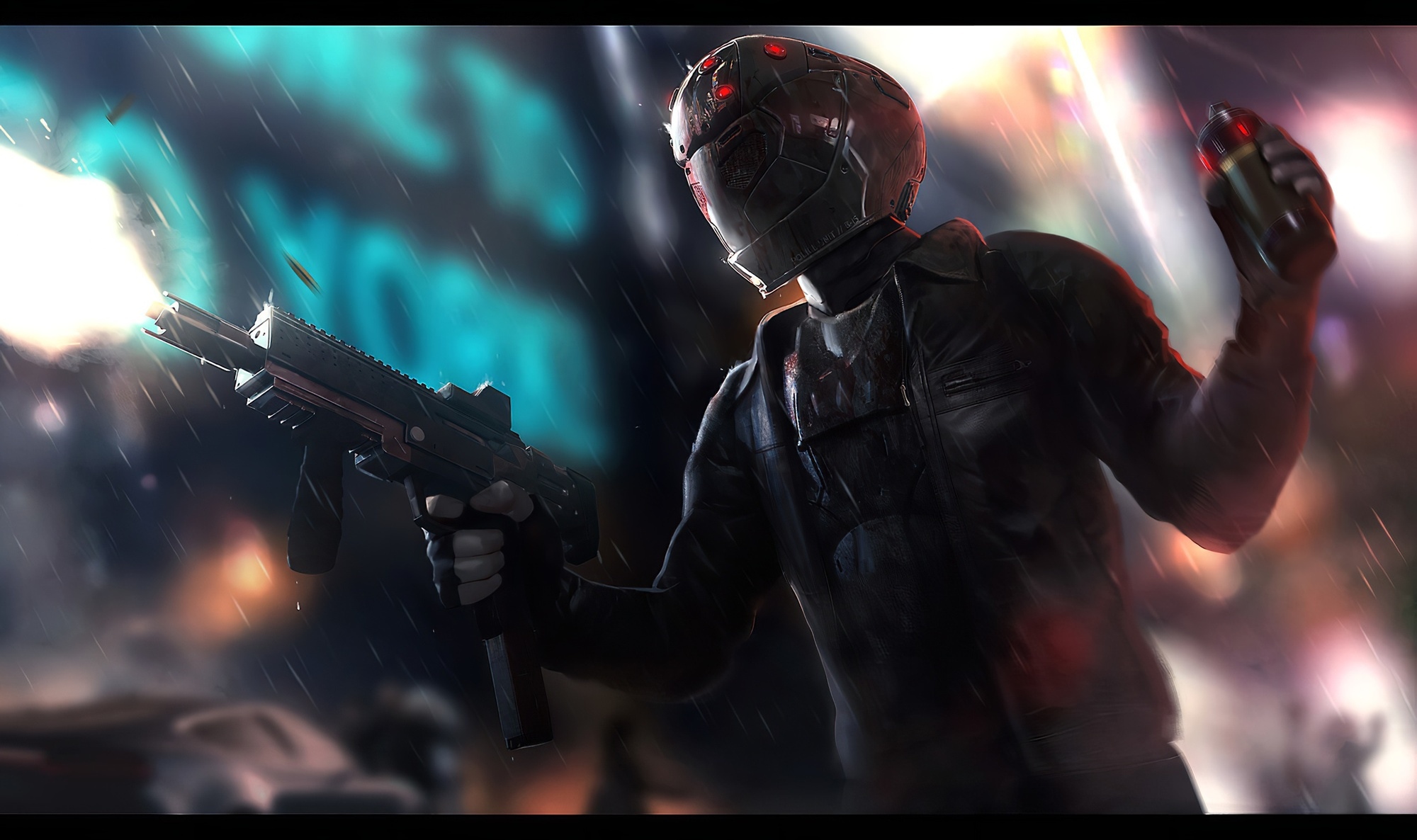 Futuristic soldier with gun and grenade in neon city HD Wallpaper