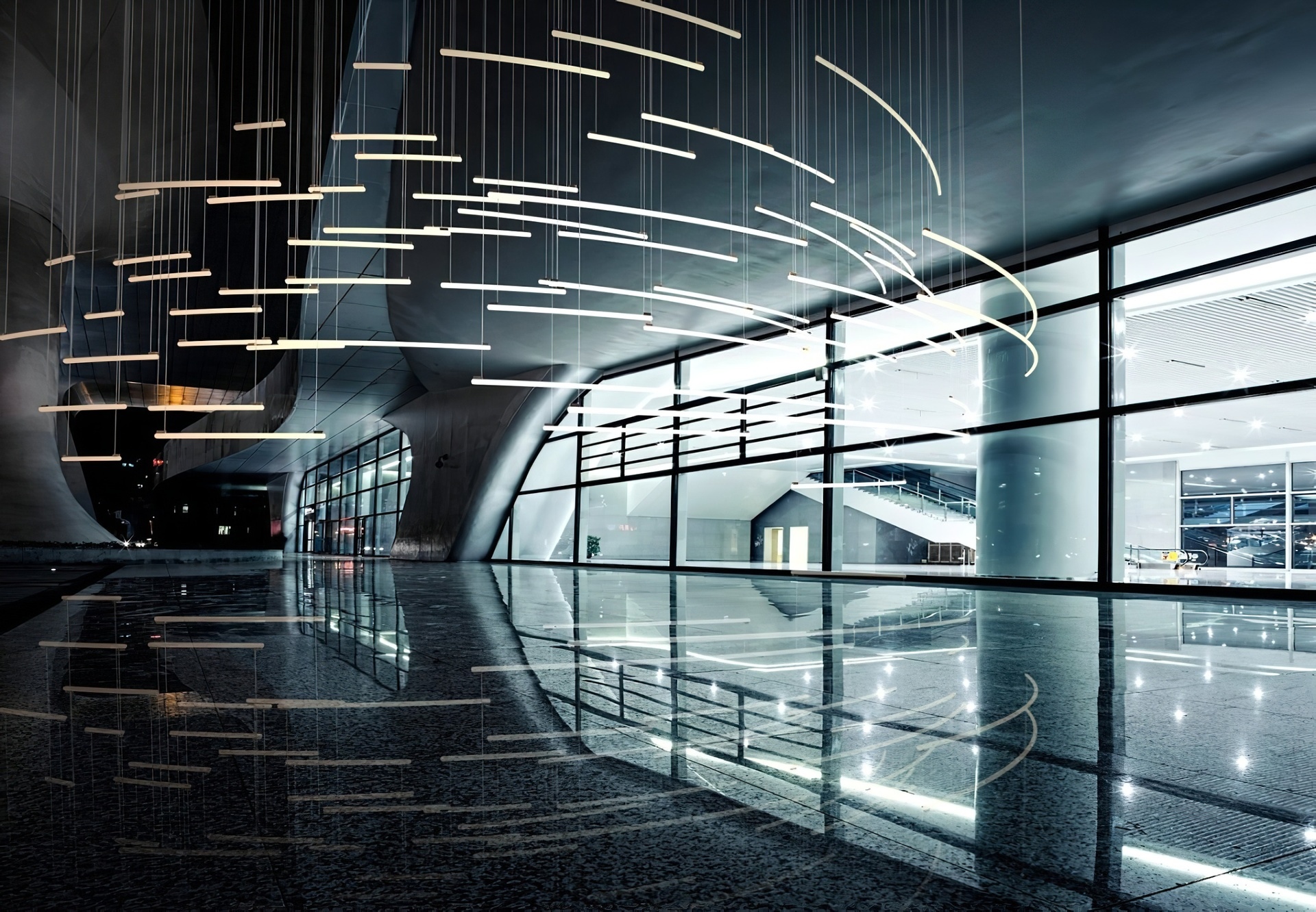 Modern architecture with hanging lights and reflections HD Wallpaper
