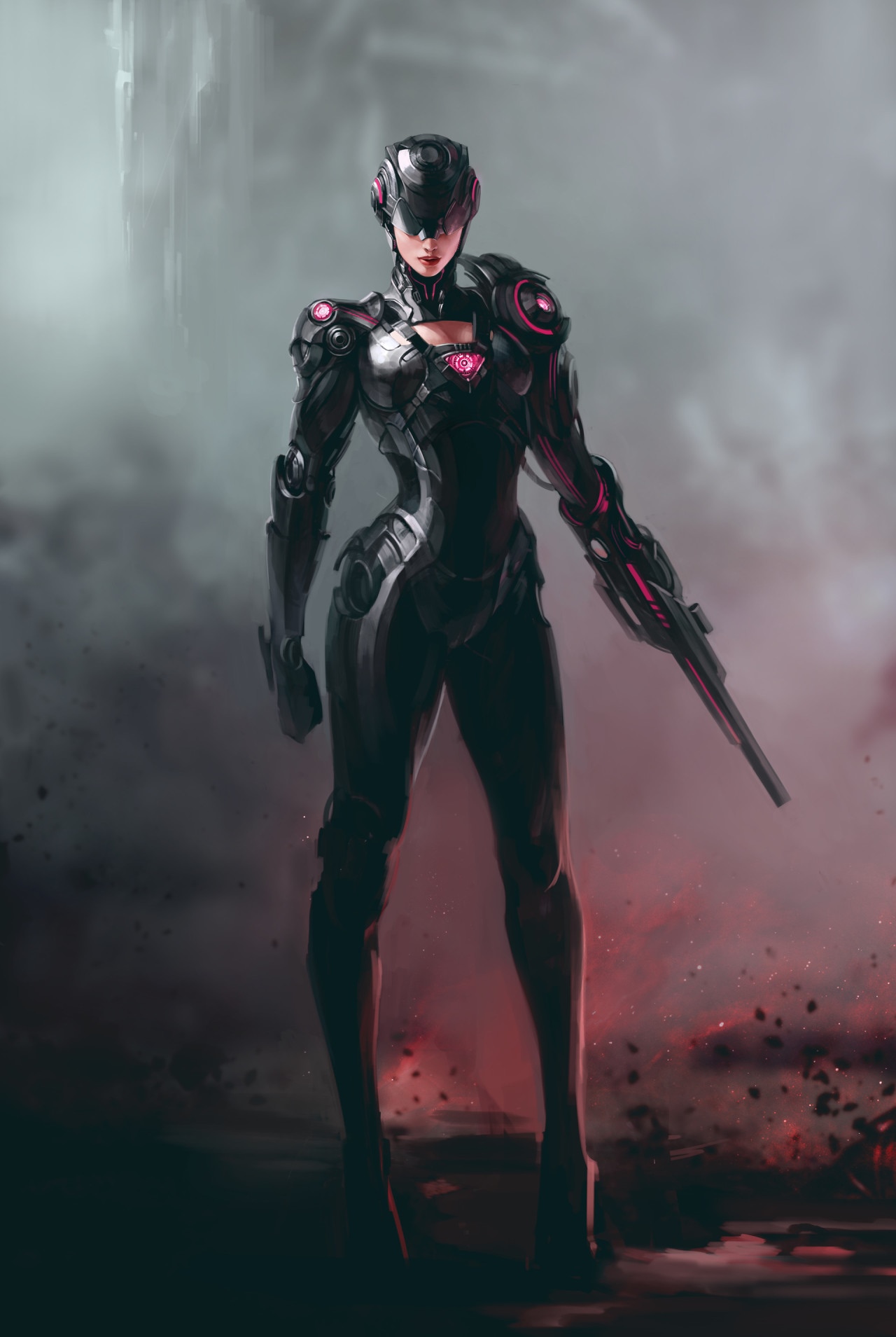Futuristic cyborg woman with weapon HD Phone Wallpaper