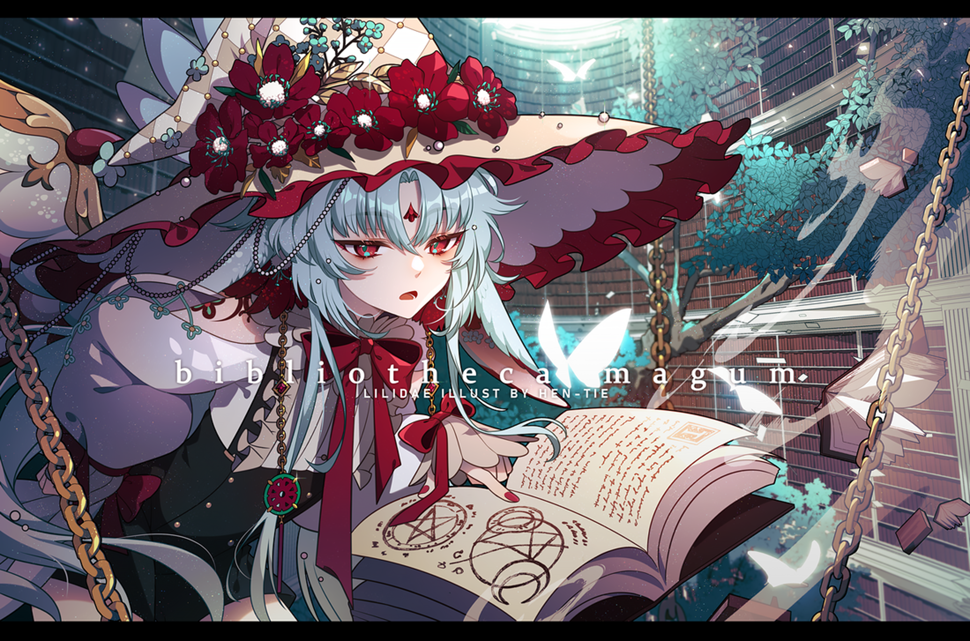 Anime girl with light blue hair and red eyes reading a book HD Wallpaper