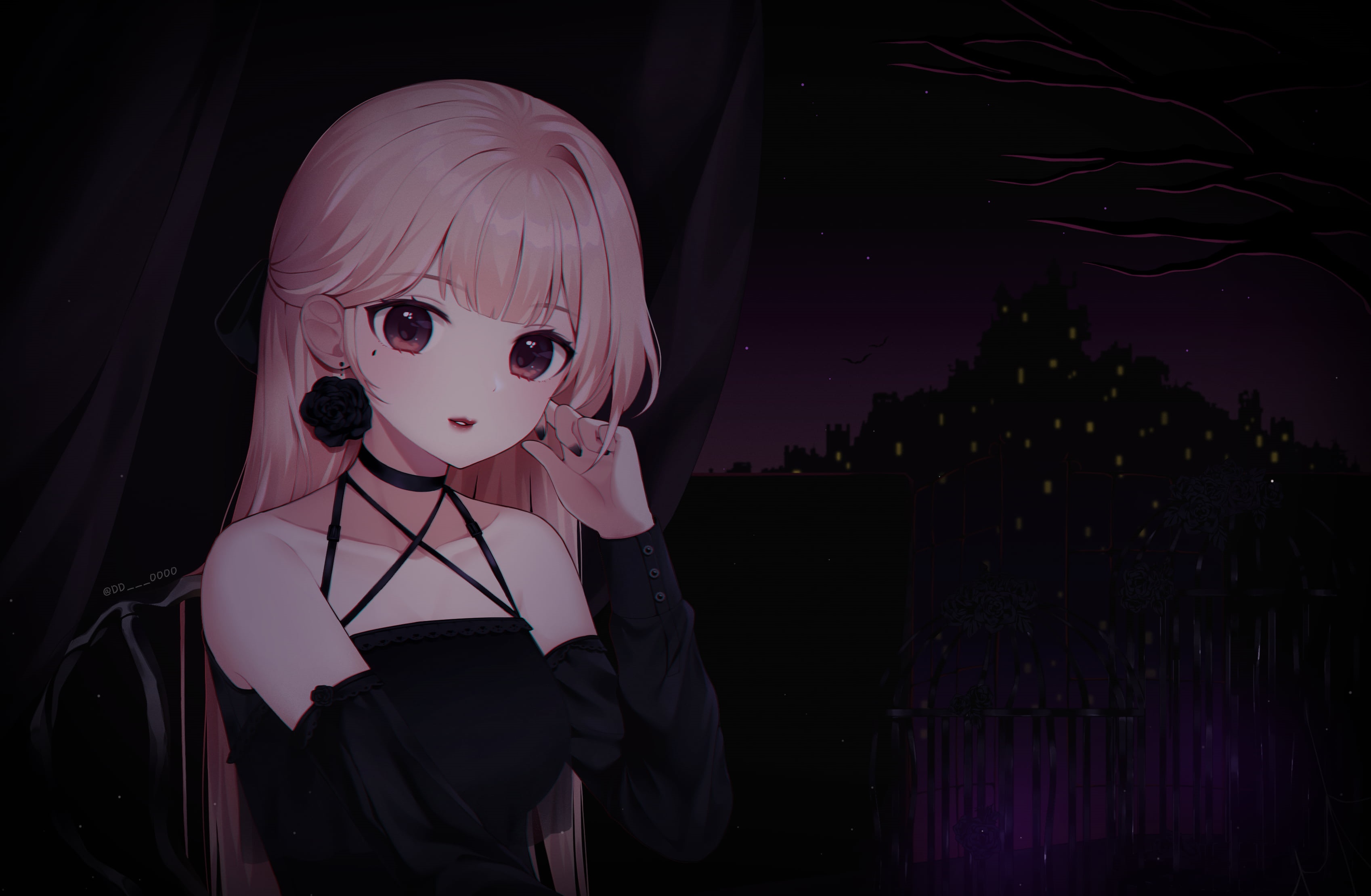 Anime girl in black dress with castle background HD Wallpaper