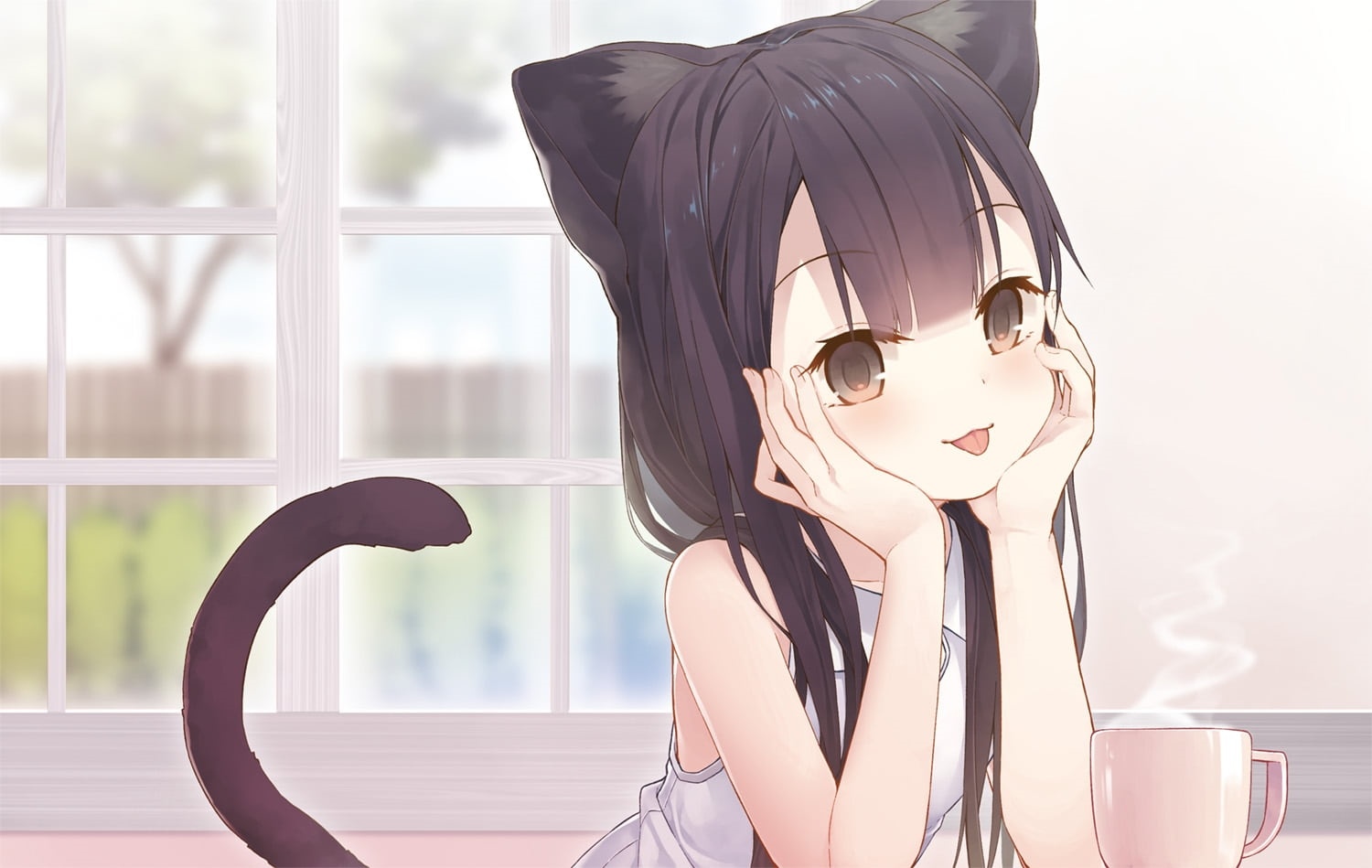 Anime Cat Girl with Tail and Ears HD Wallpaper