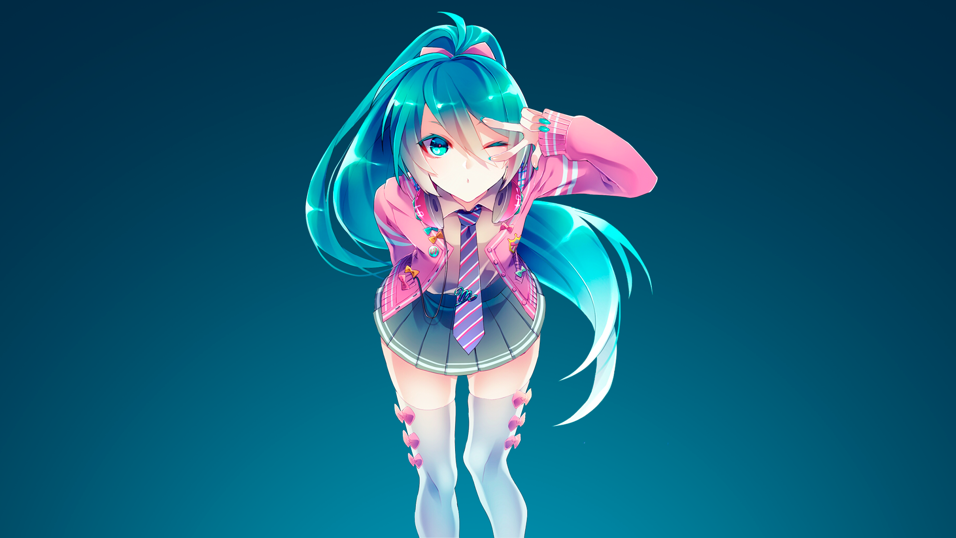 Anime girl with blue hair and pink jacket HD Wallpaper