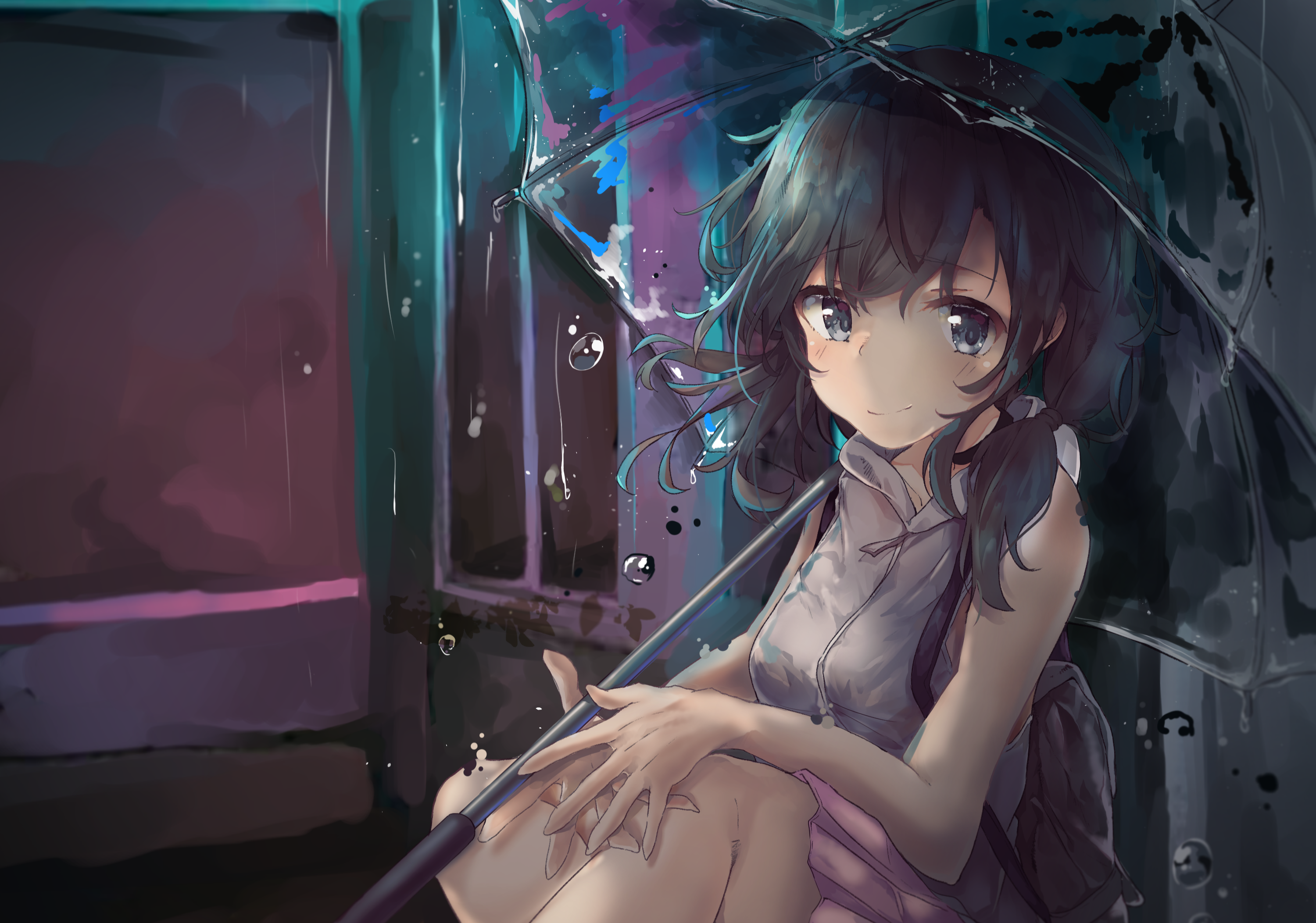 Hina Amano holding an umbrella in the rain HD Wallpaper