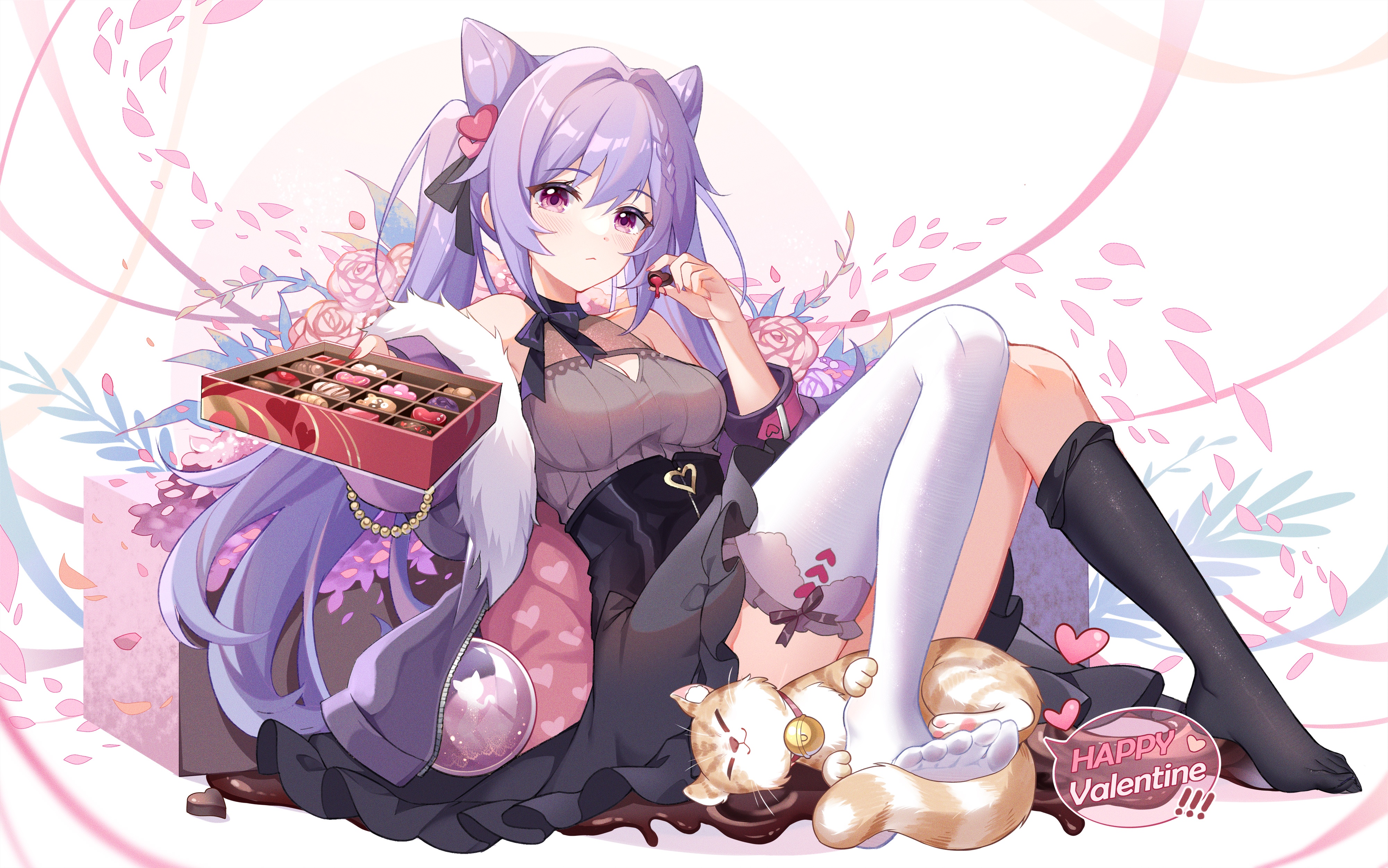 Keqing from Genshin Impact with chocolates and cat HD Wallpaper