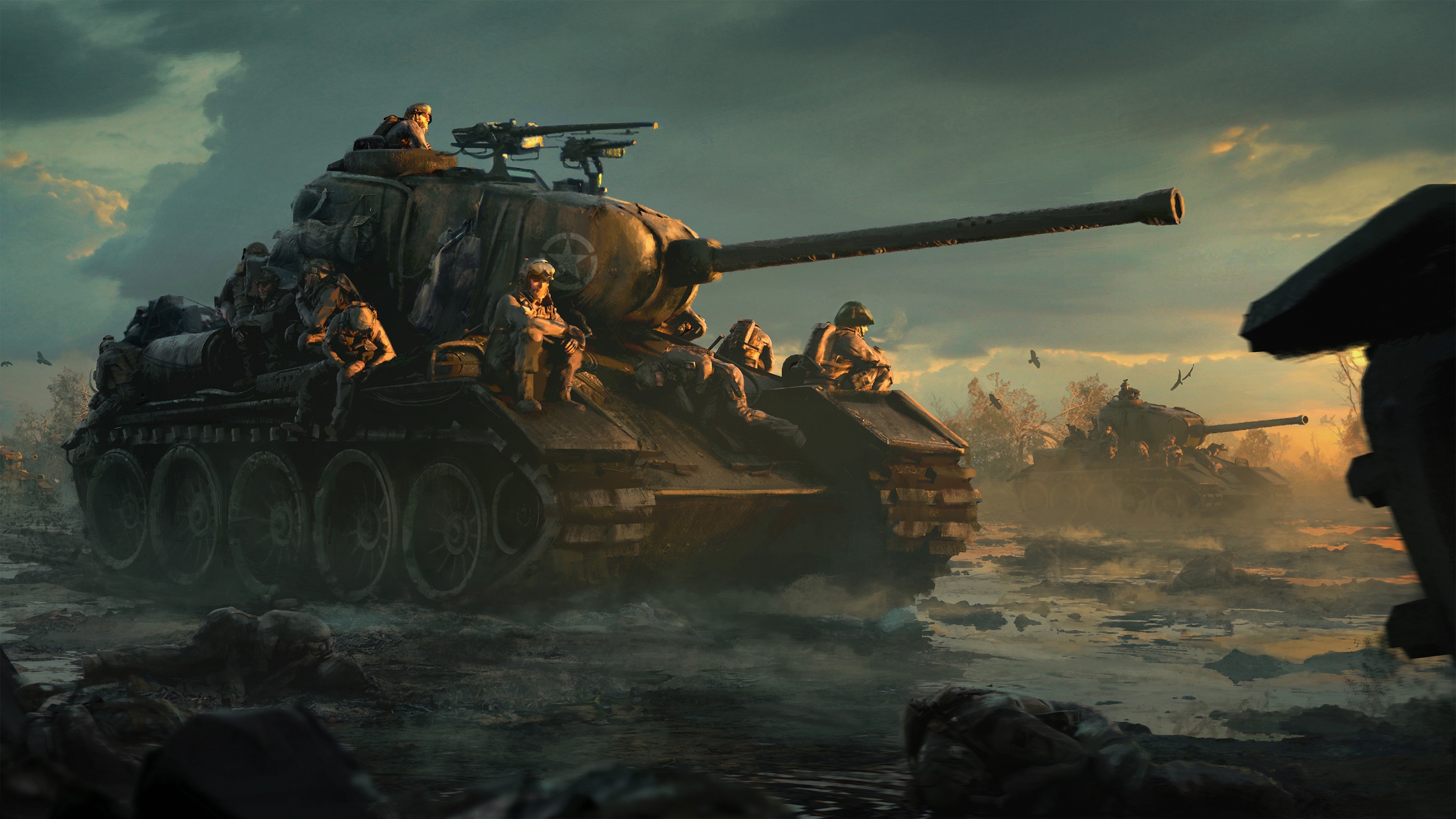 4K tank with soldiers at sunset HD Wallpaper