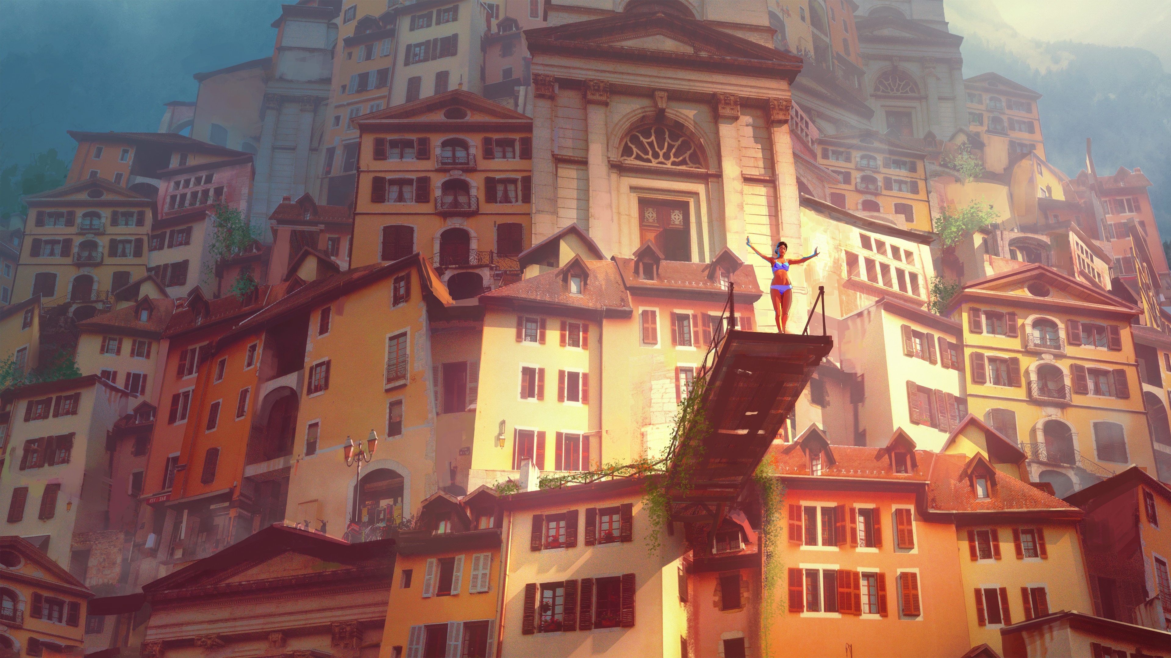4K illustration of a city with a woman on a bridge HD Wallpaper