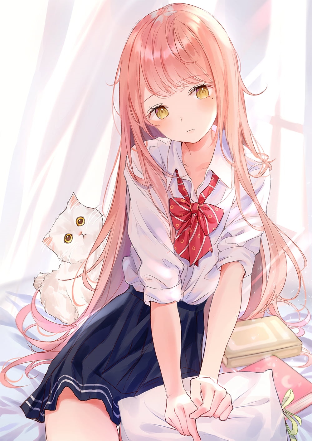 Anime girl with pink hair and a cat HD Phone Wallpaper