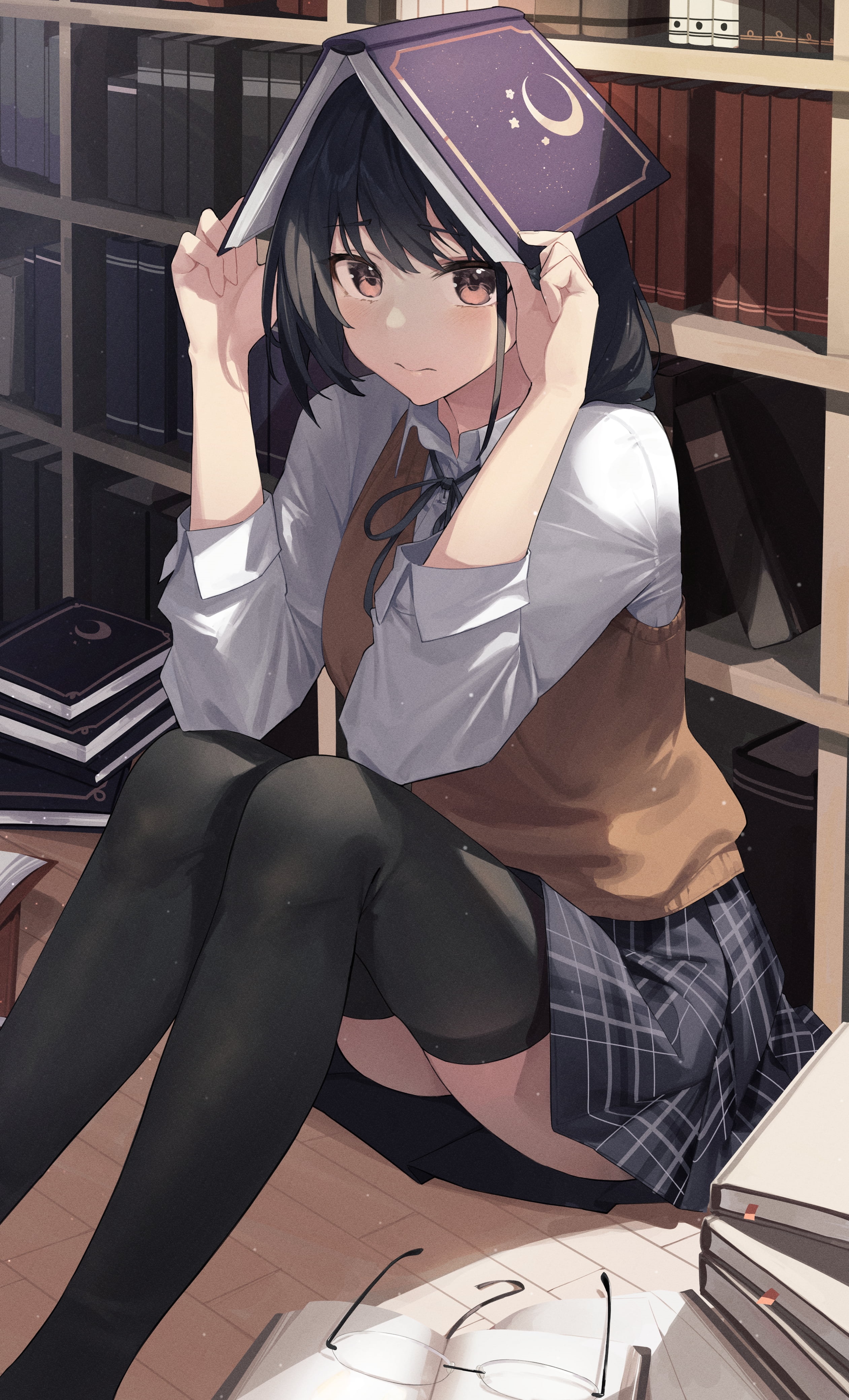 Anime girl with book on head in library HD Phone Wallpaper