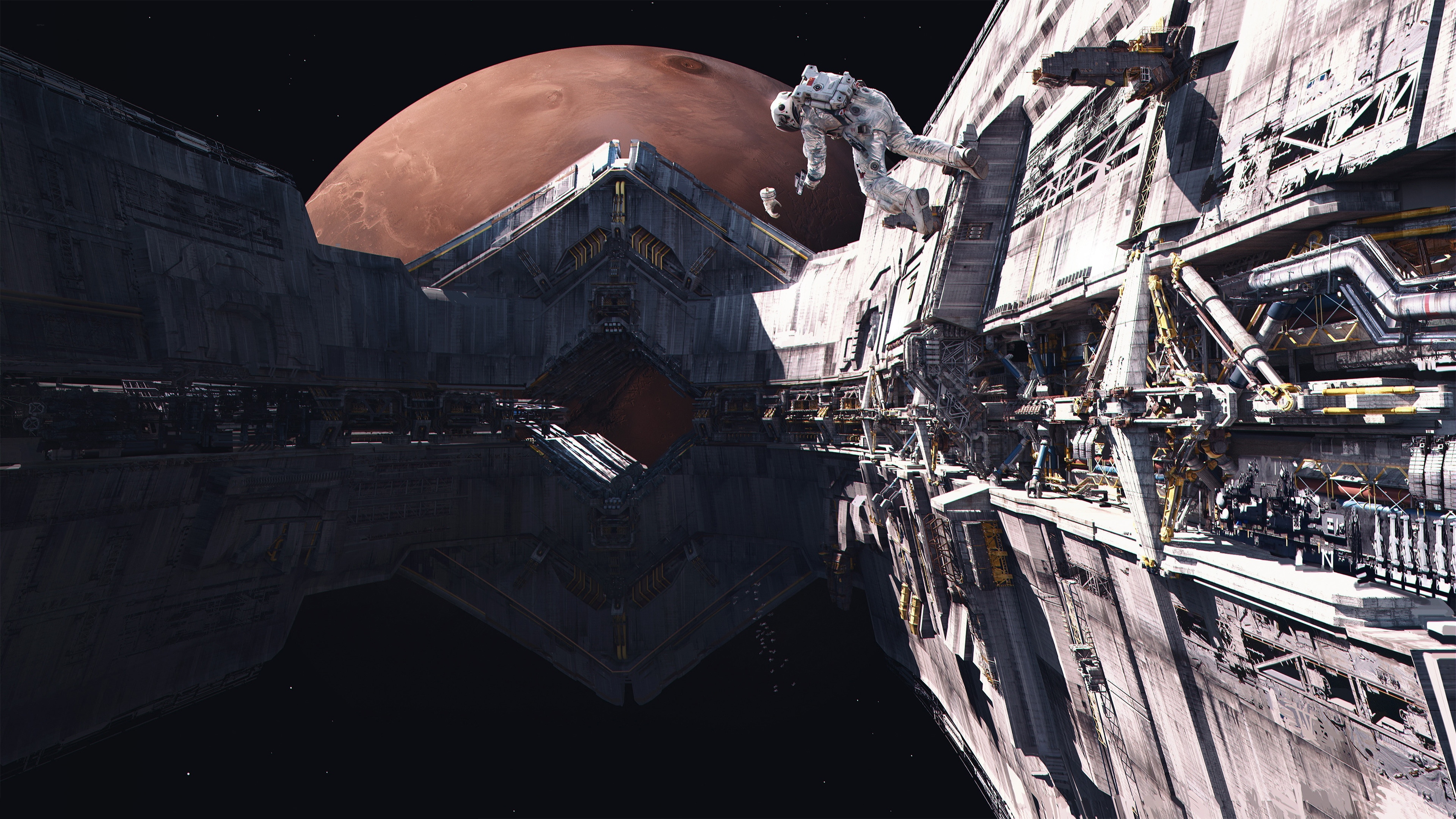 Astronaut near a space station with Mars in the background HD Wallpaper