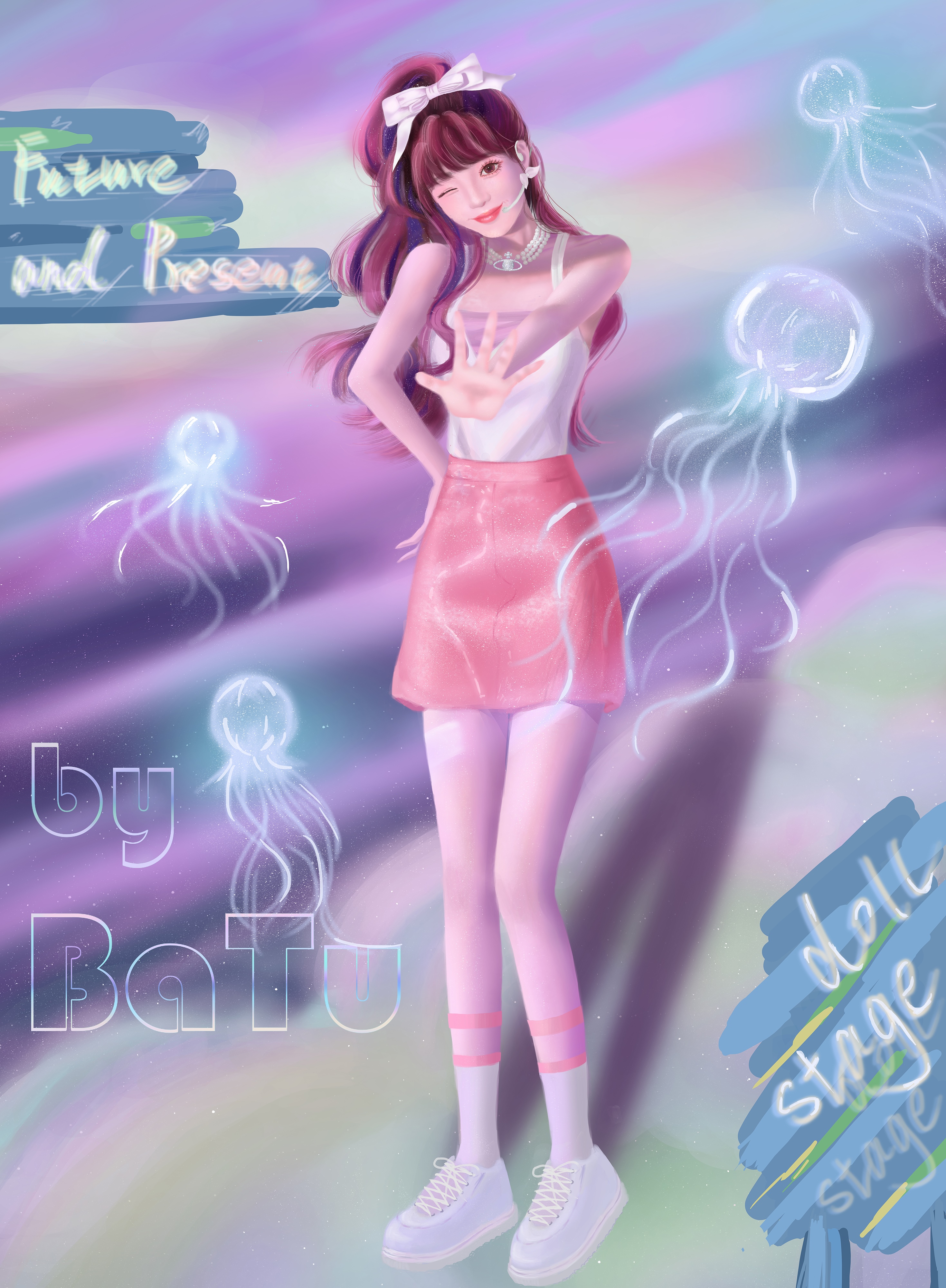 Girl with jellyfish in a colorful, dreamy landscape HD Phone Wallpaper