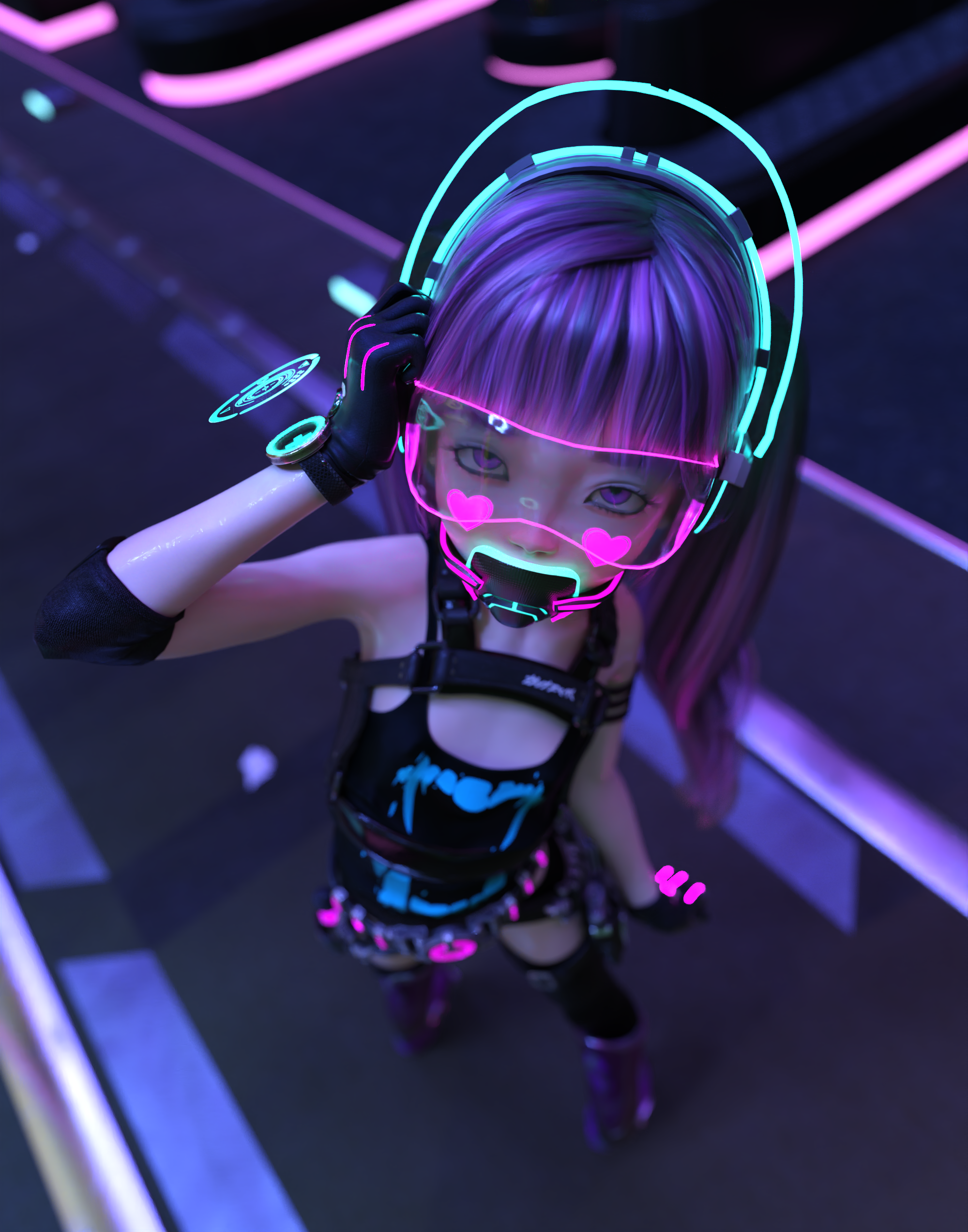 Cyberpunk Loli with Neon Headphones and Mask HD Phone Wallpaper