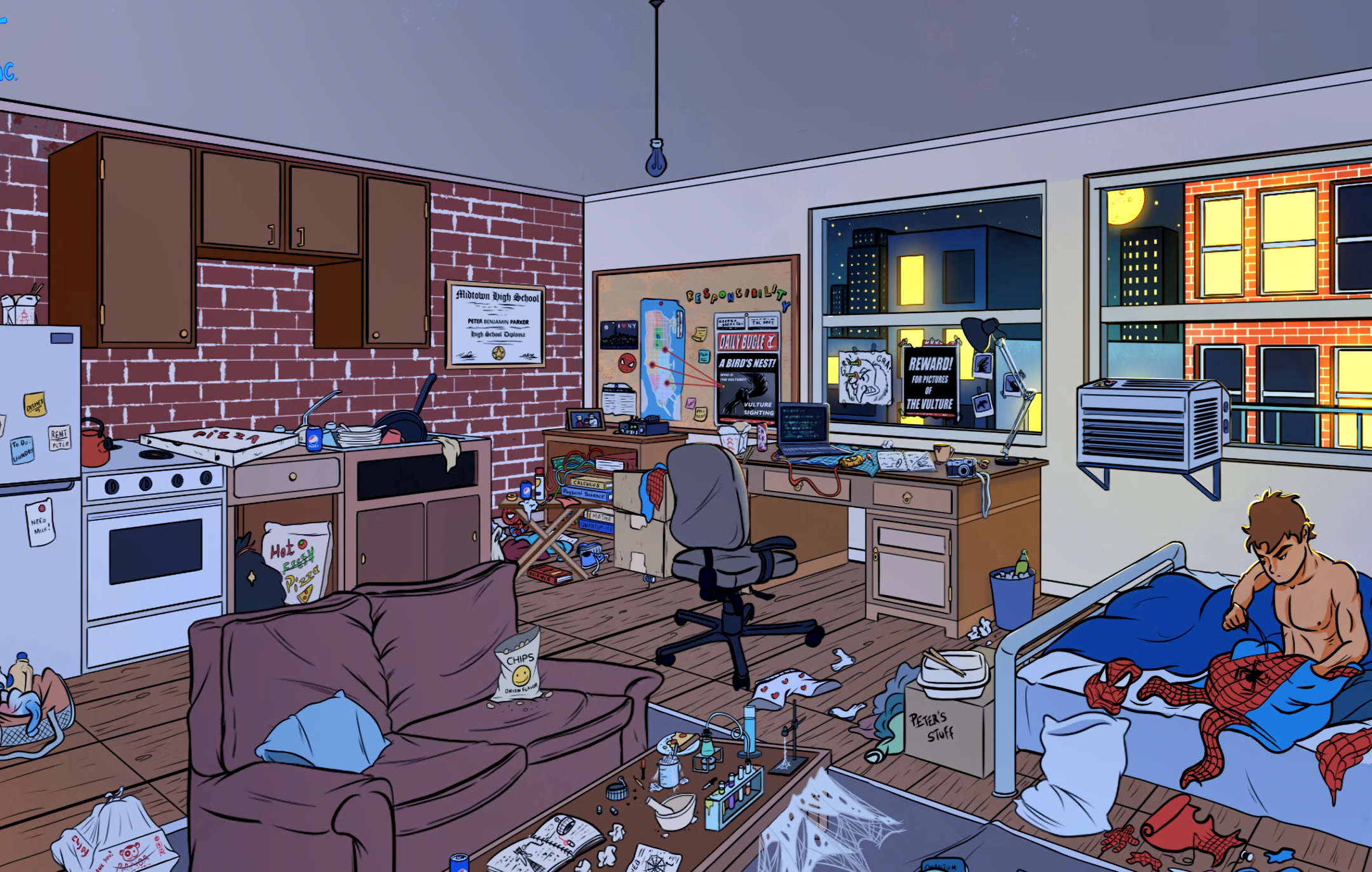 Peter Parker's messy room with Spider-Man suit HD Wallpaper
