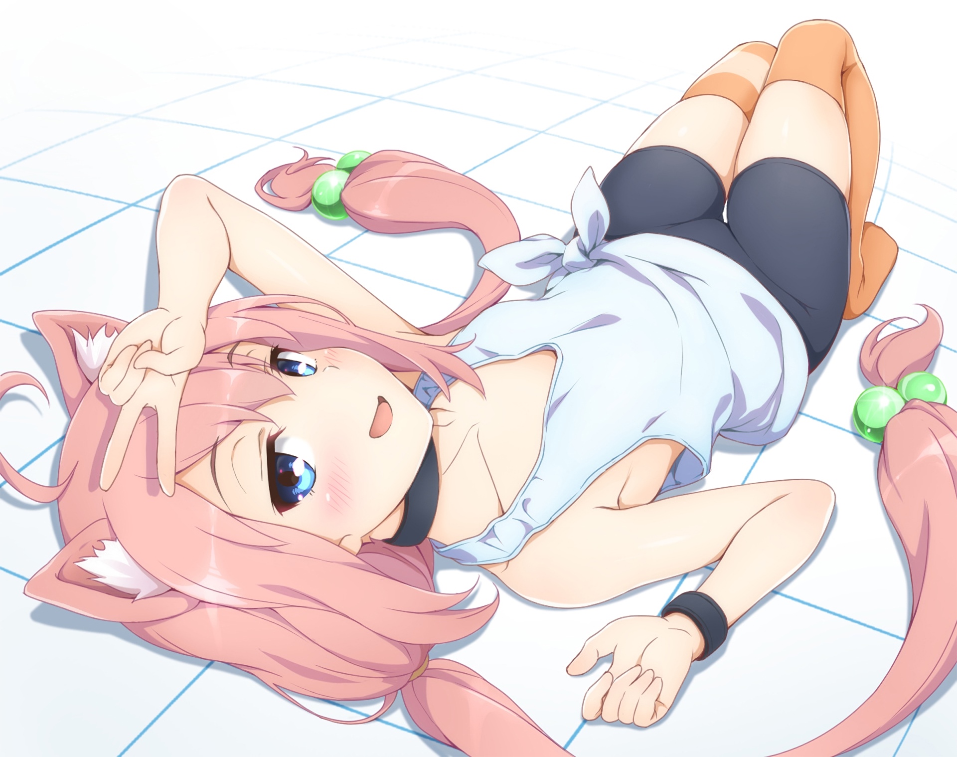 Nekomiya Hinata lying down with pink hair and cat ears HD Wallpaper