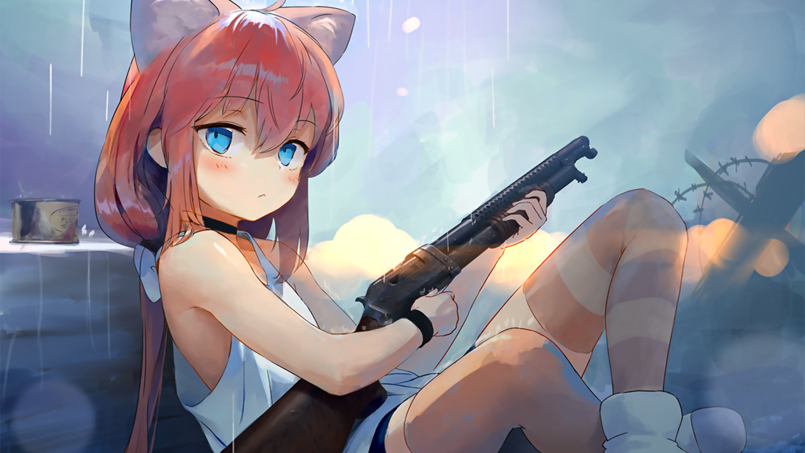 Nekomiya Hinata holding a shotgun in the rain HD Wallpaper
