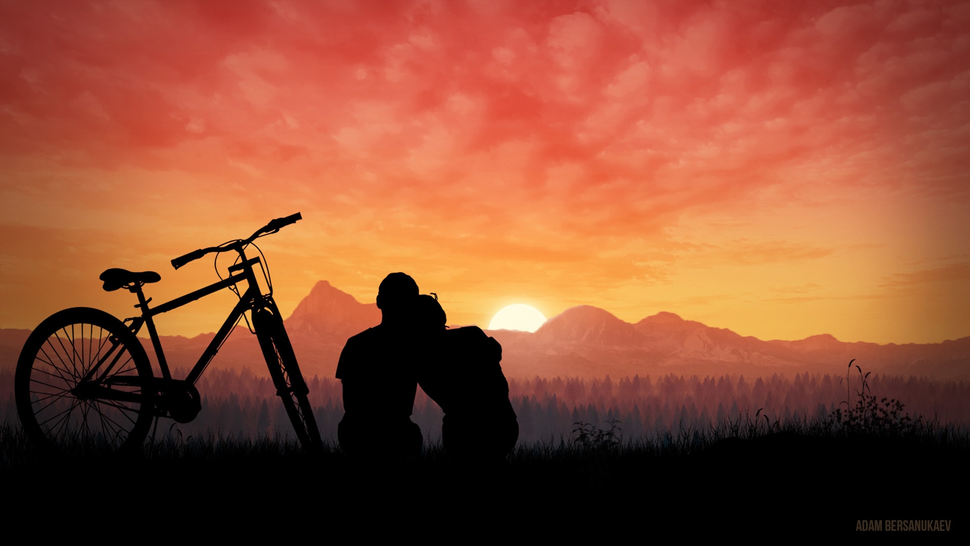 Couple watching sunset with bicycle HD Wallpaper