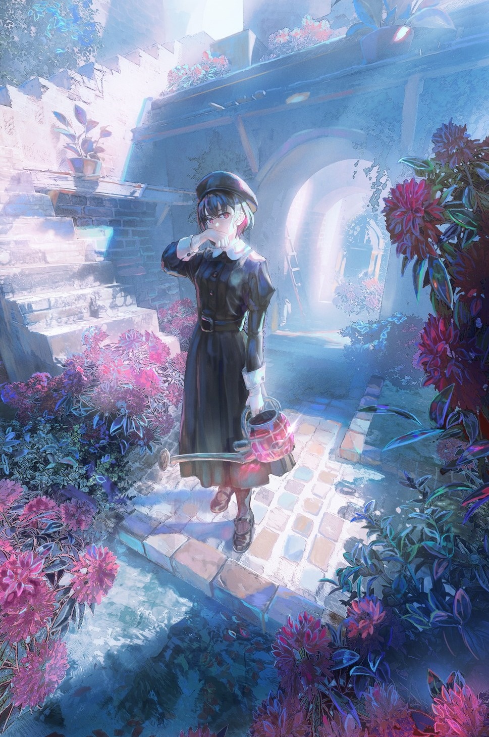 Girl in black dress with beret and watering can HD Phone Wallpaper