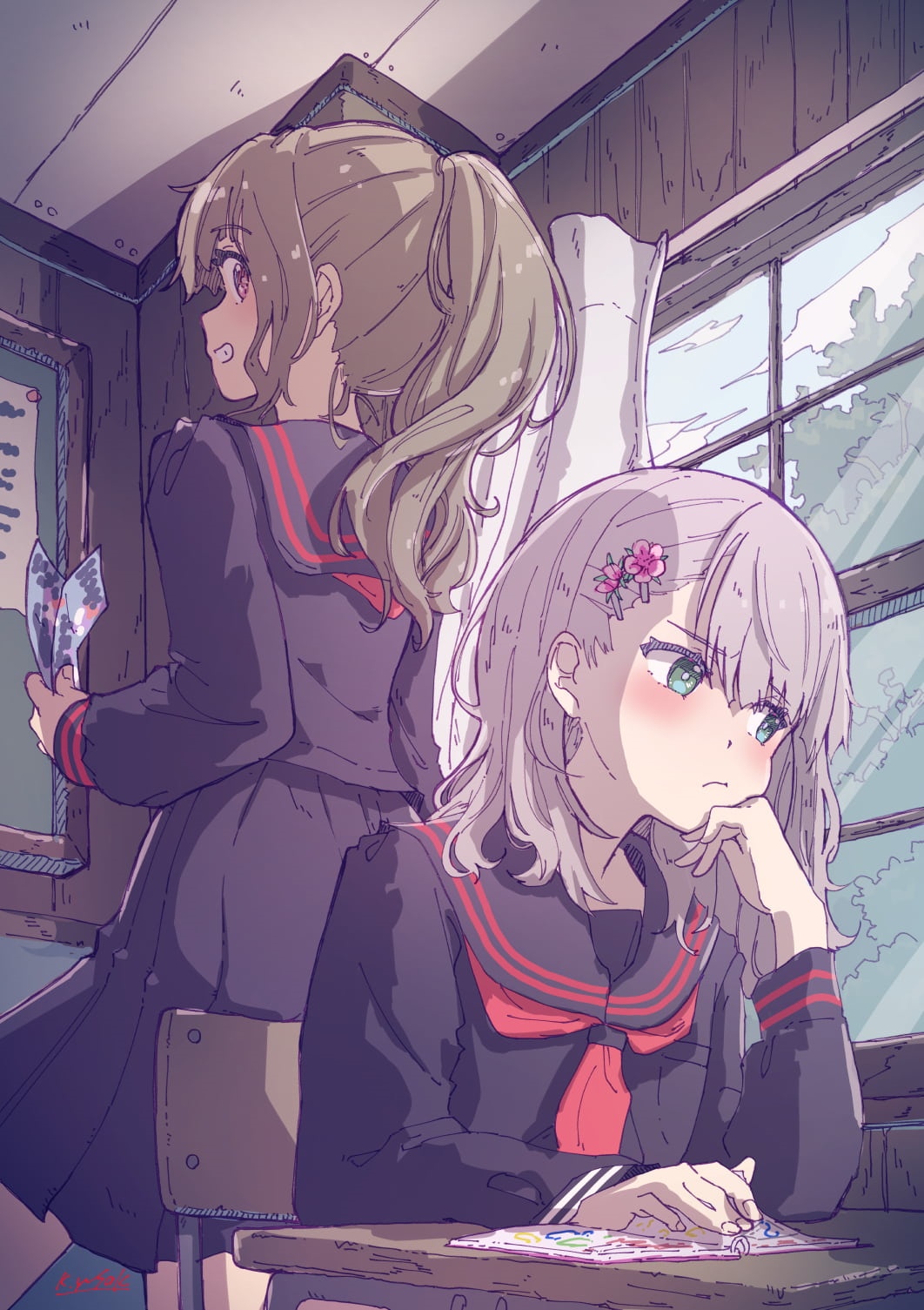 Two schoolgirls in a classroom, one looking away HD Phone Wallpaper