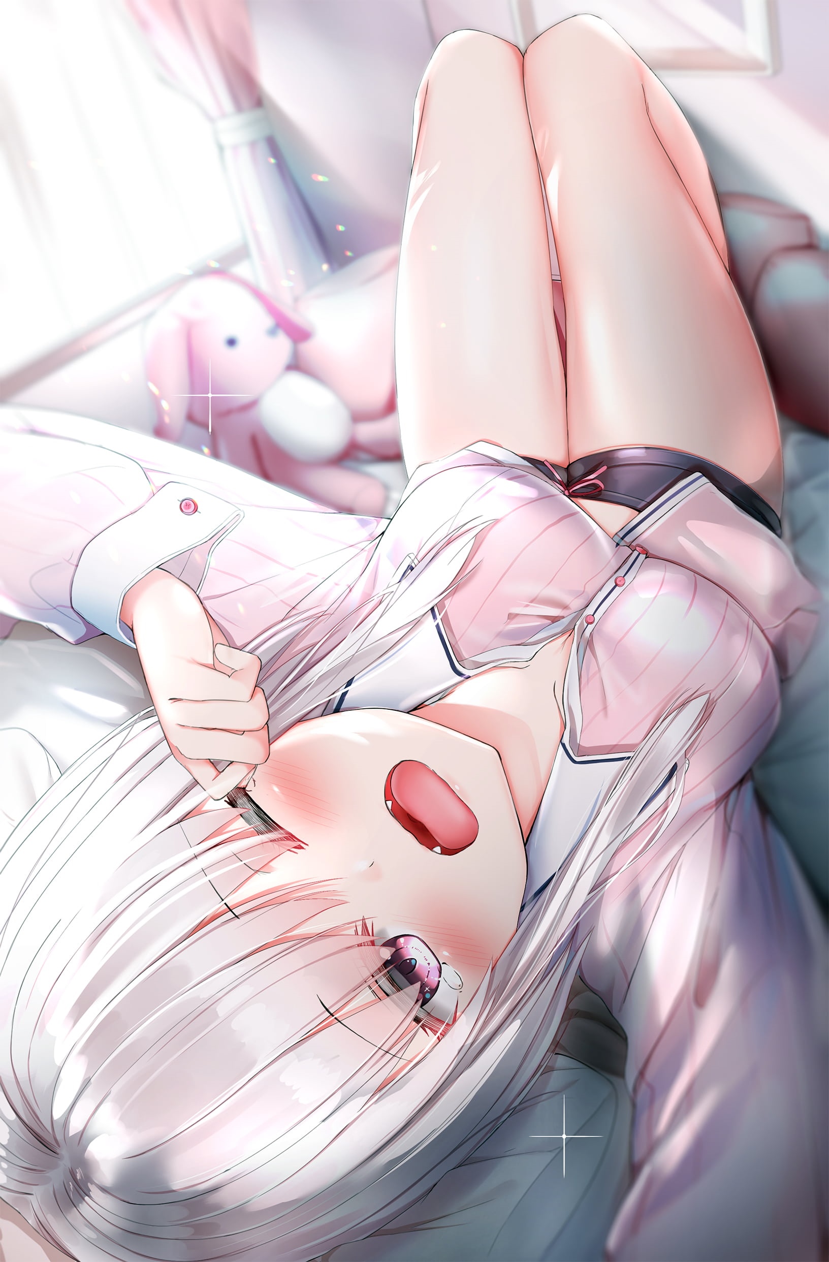 Anime girl yawning in bed with a plush toy HD Phone Wallpaper