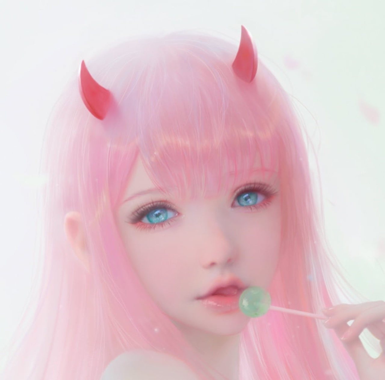 Zero Two with pink hair and aqua eyes holding a lollipop HD Wallpaper