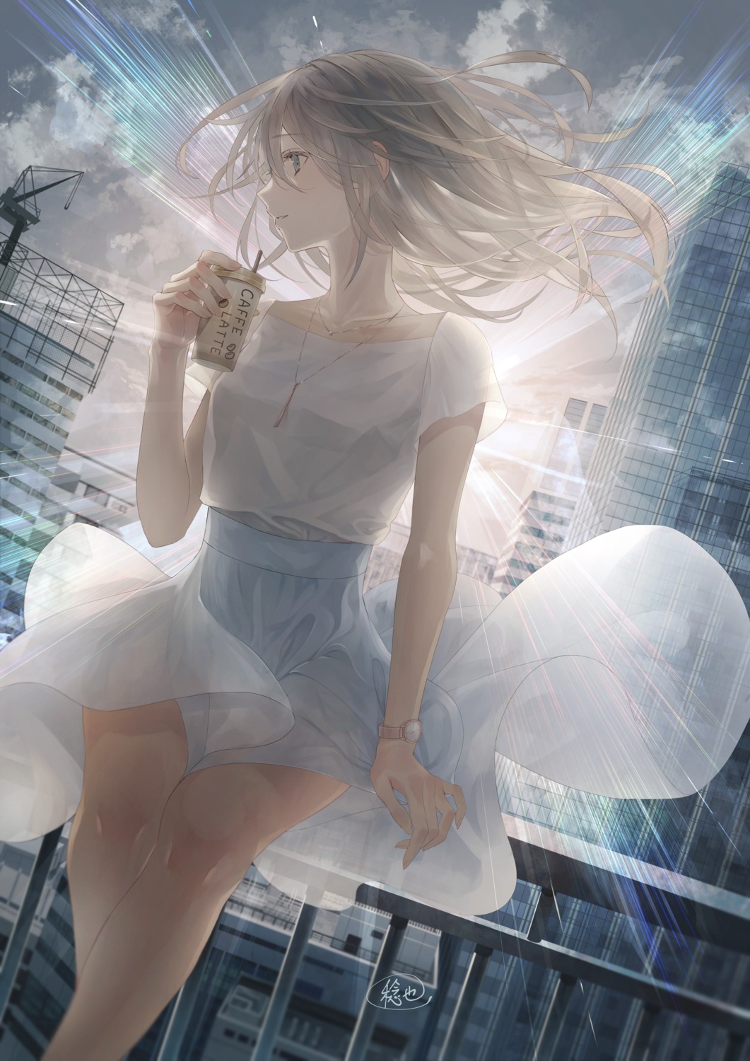 Girl drinking coffee with city buildings in background HD Phone Wallpaper