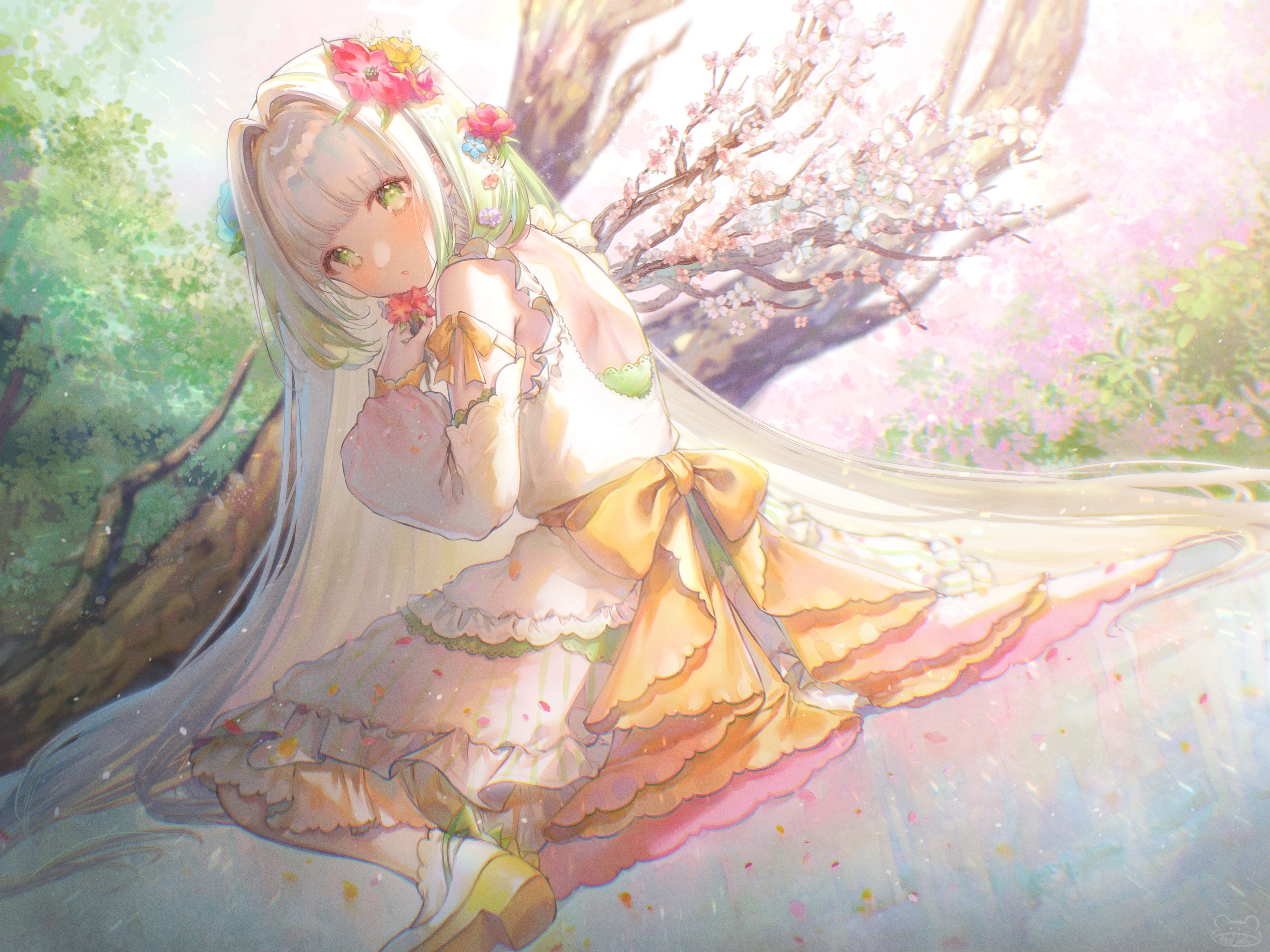 Anime girl with flowers in hair and dress HD Wallpaper