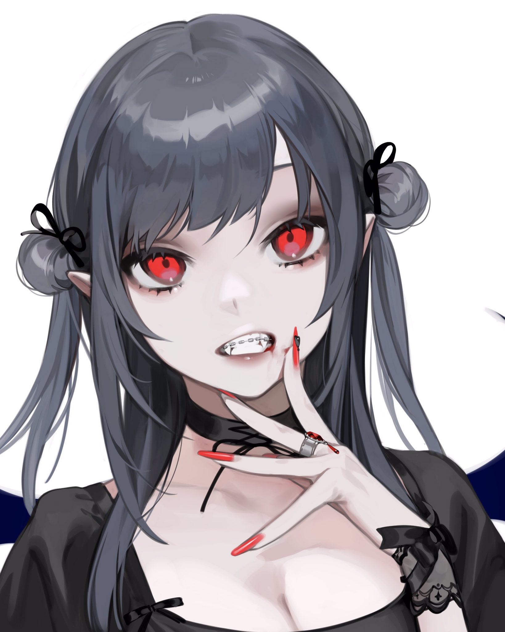 Anime girl with dark hair, red eyes, and braces HD Phone Wallpaper